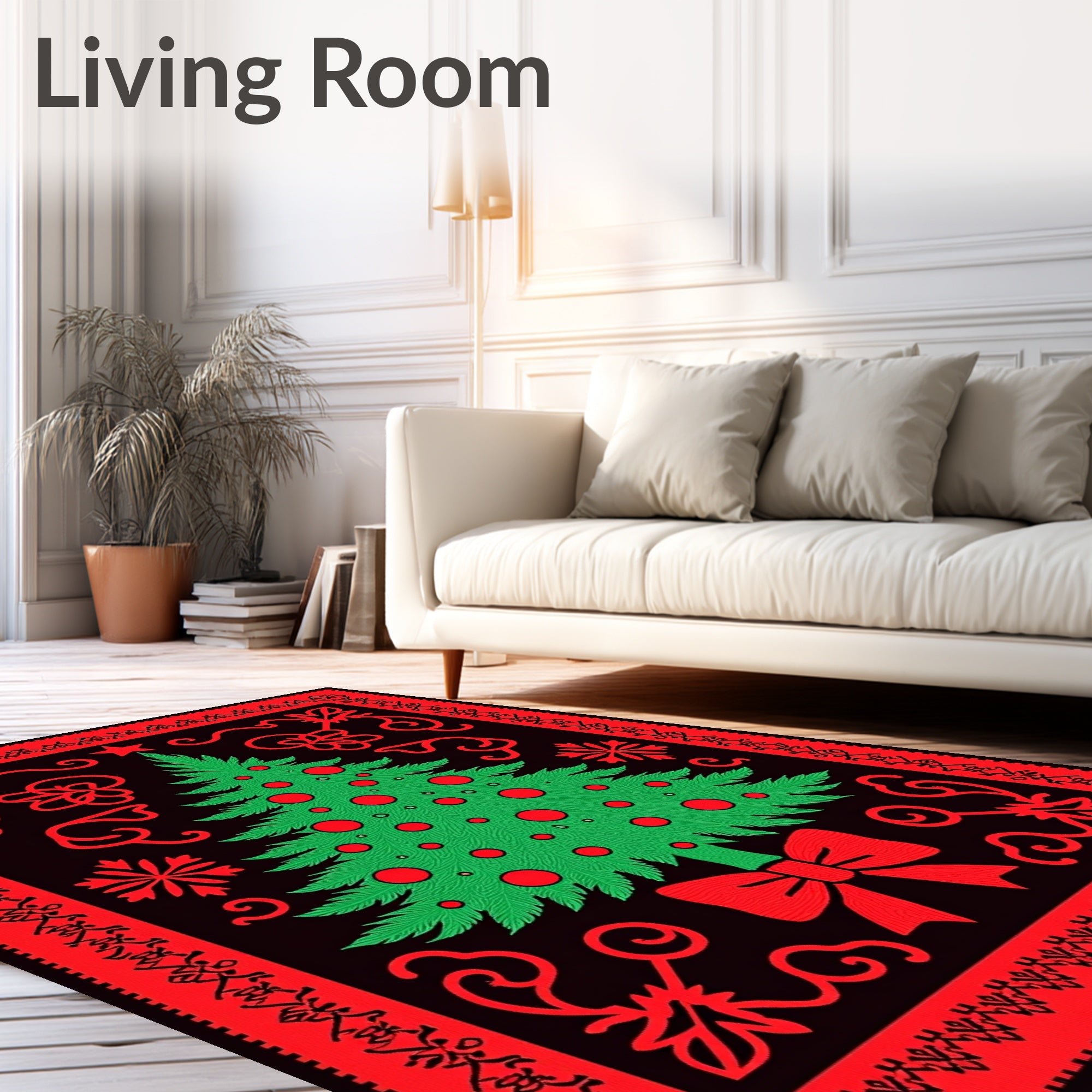 Festive Green Christmas Tree Red Border Rug