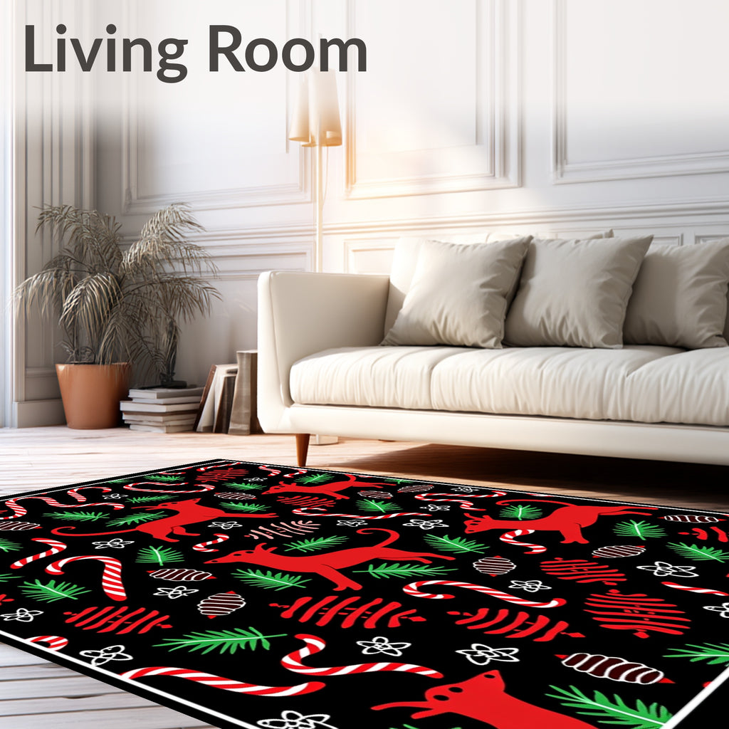 Red Dogs Festive Candy Cane Evergreen Branches Rug