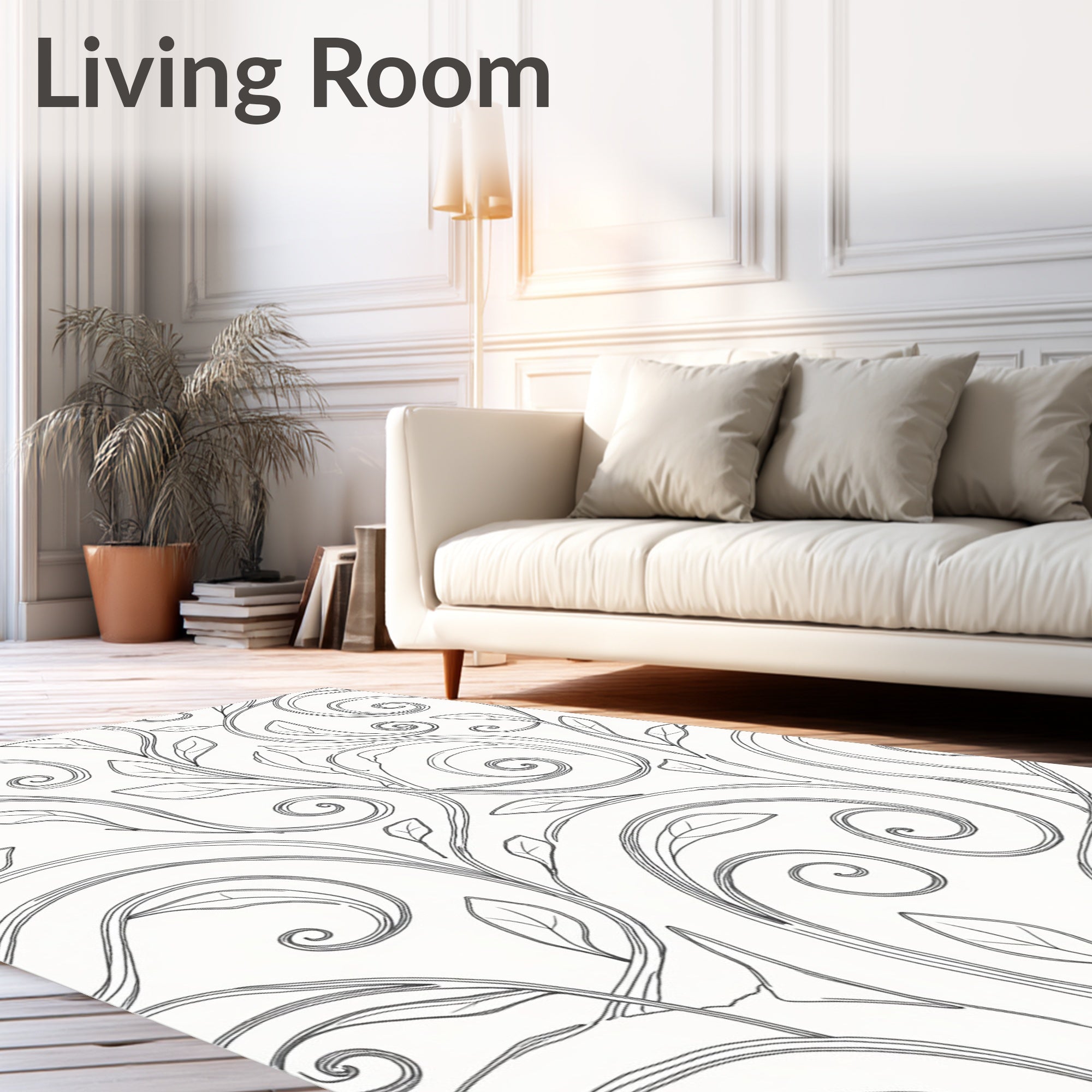 Ornate Black Scroll Leaf Vine Rug