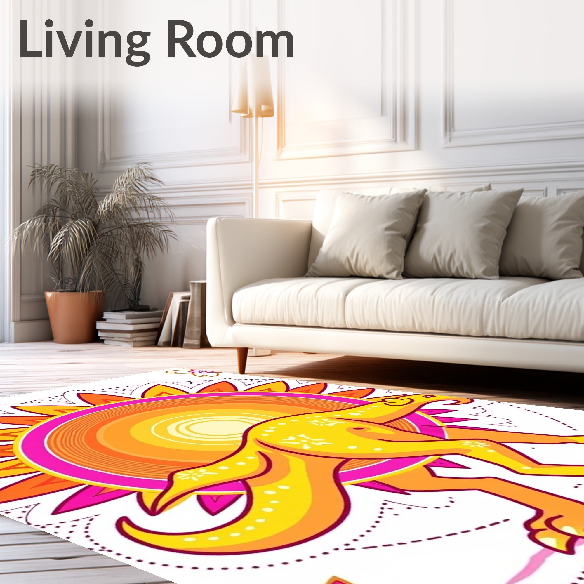 Whimsical Yellow Dinosaur Sunburst Rug