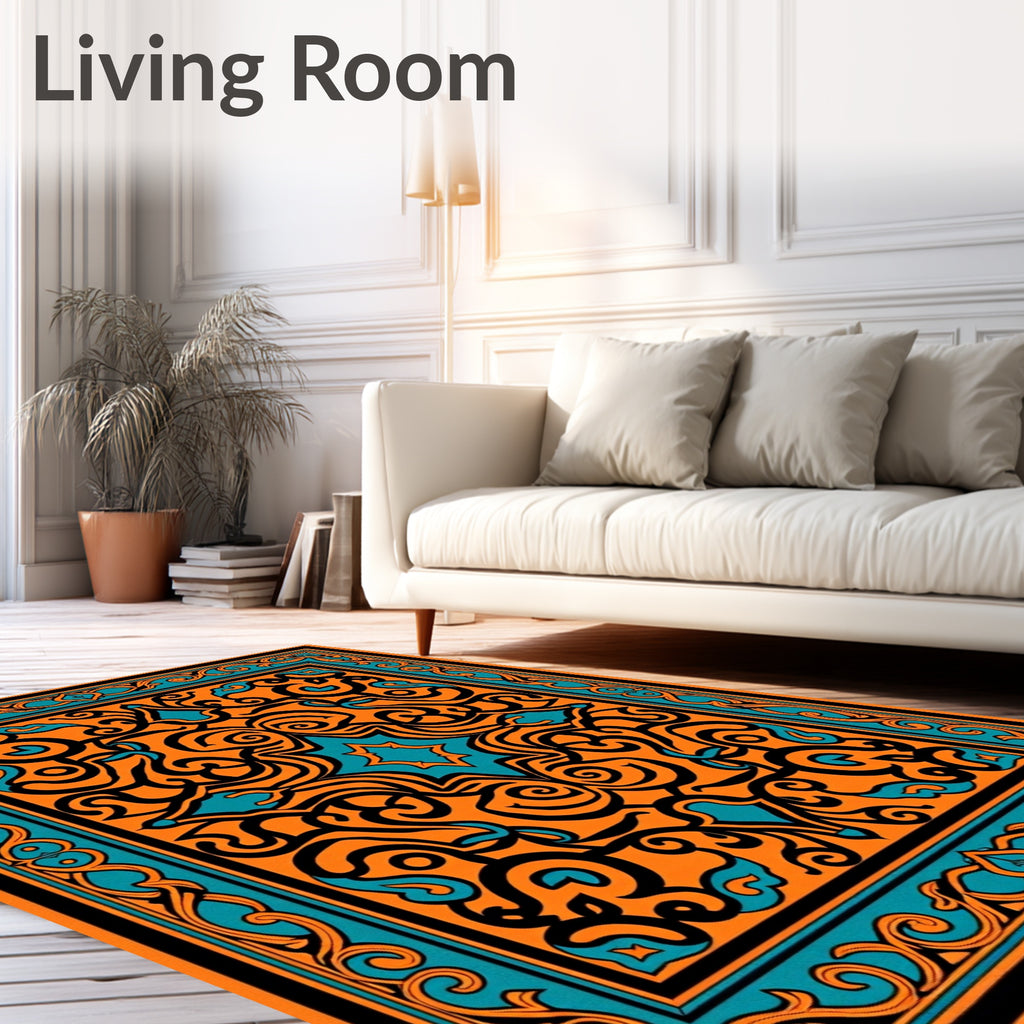 Bold Orange Teal Scrollwork Medallion Rug