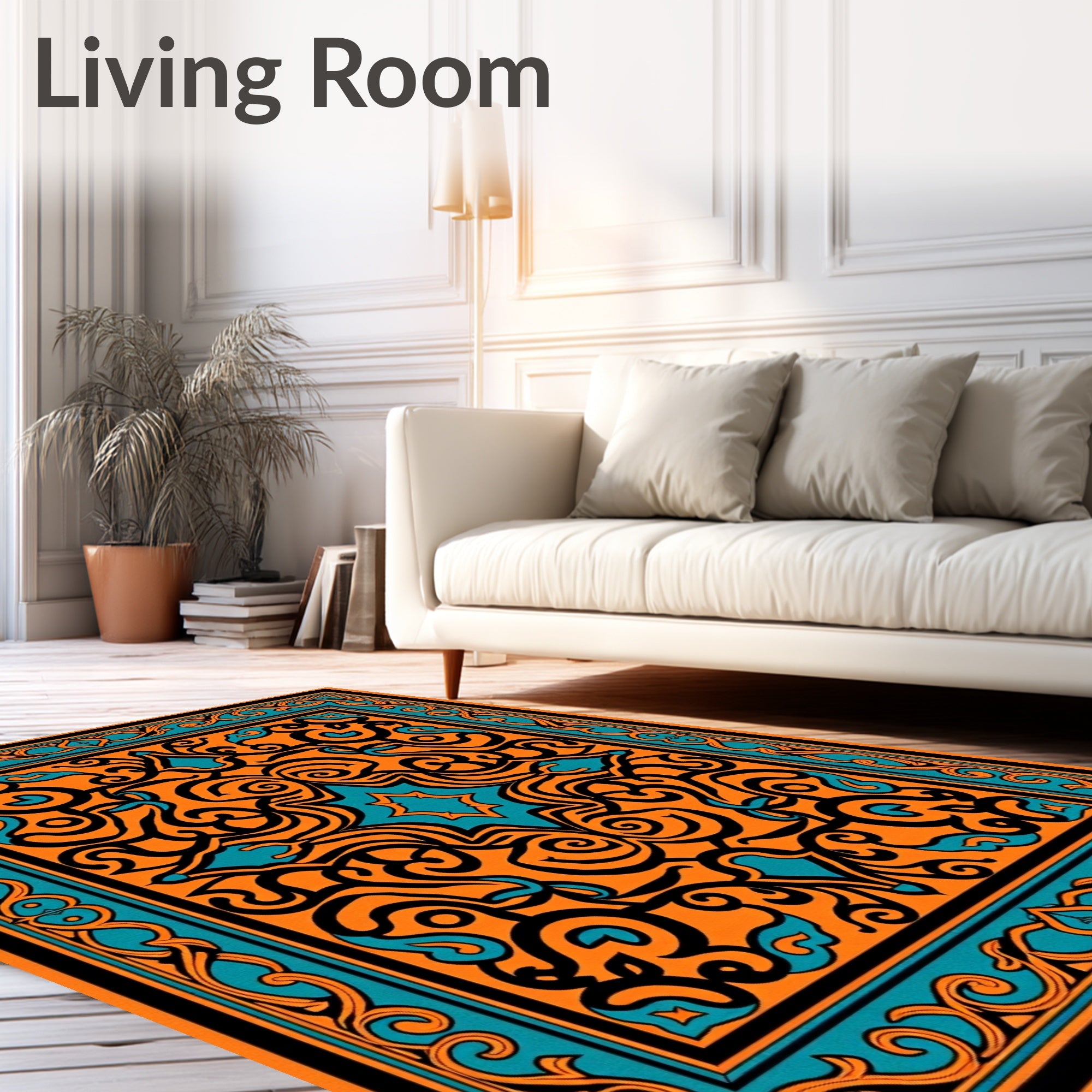 Bold Orange Teal Scrollwork Medallion Rug