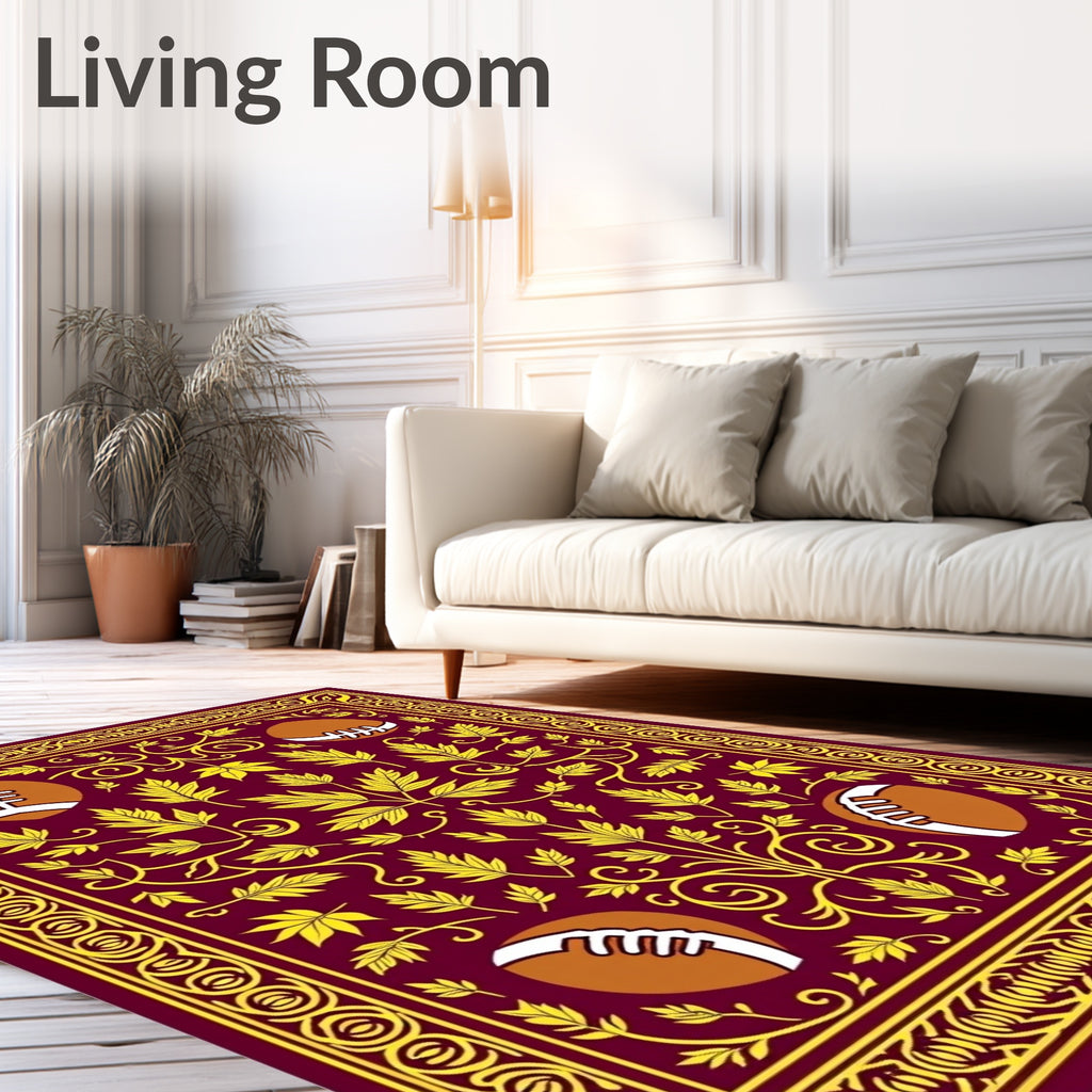 Maroon Yellow Football Foliage Scroll Rug