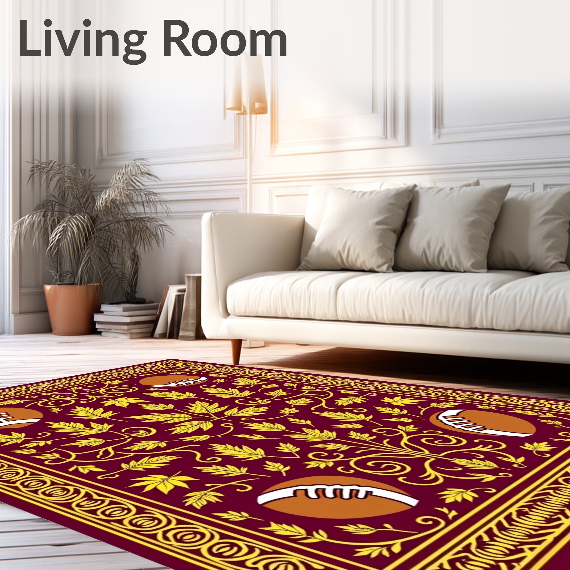 Maroon Yellow Football Foliage Scroll Rug