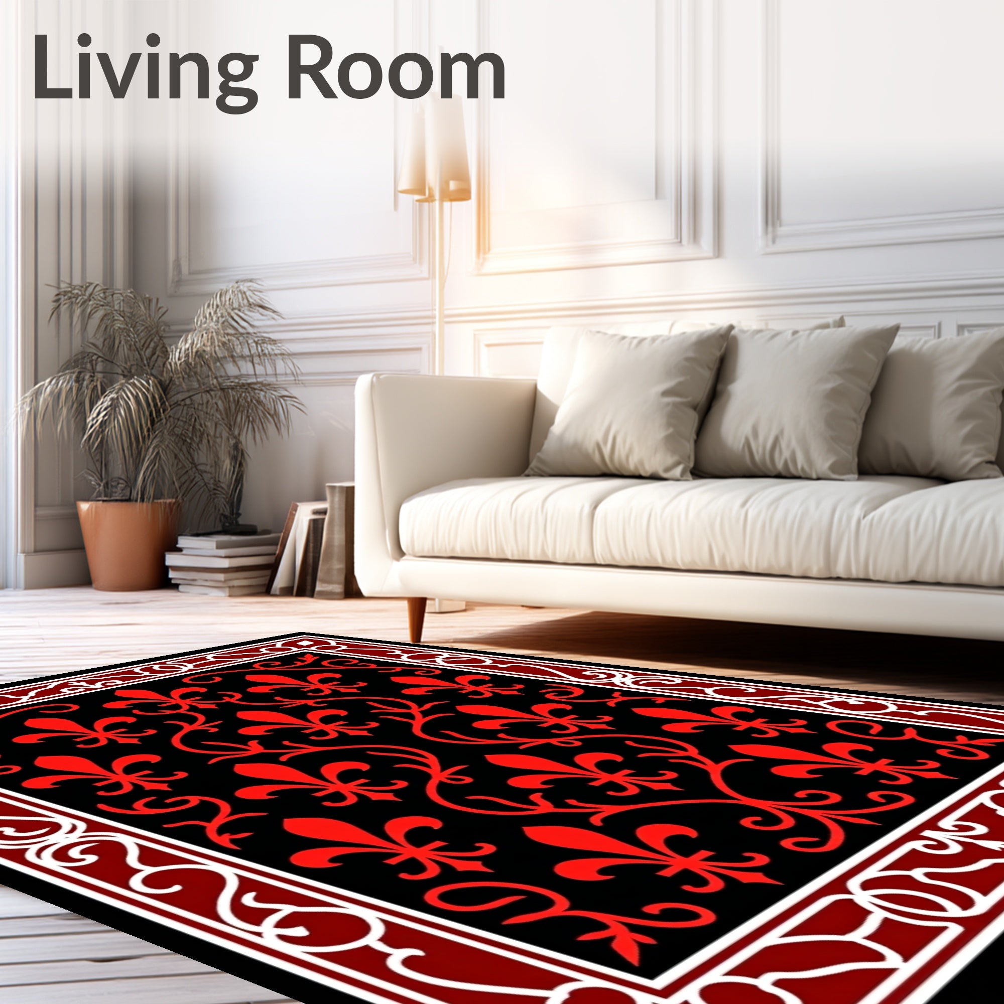 Crimson Fleur De Lis Swirl Border Rug