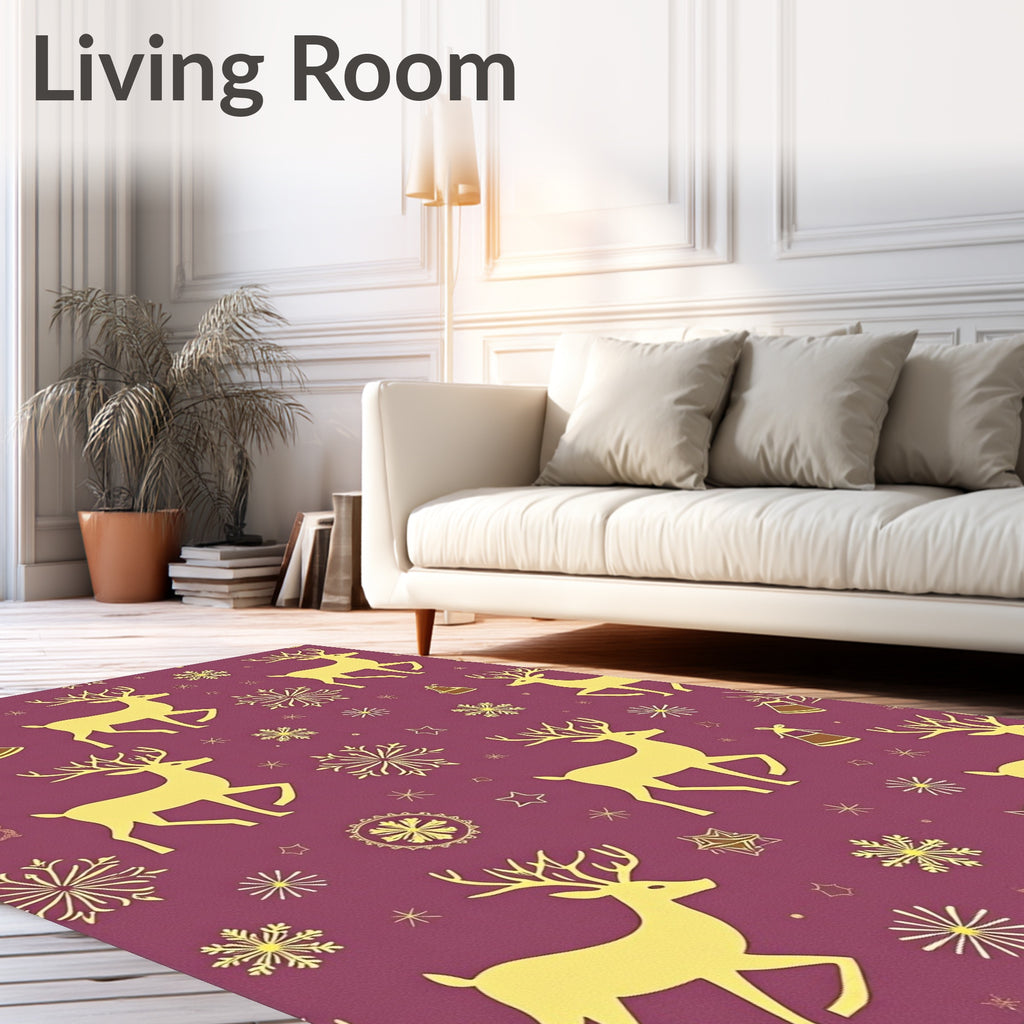 Golden Reindeer Snowflakes Plum Whimsical Rug