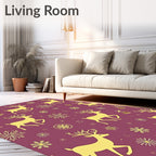 Golden Reindeer Snowflakes Plum Whimsical Rug
