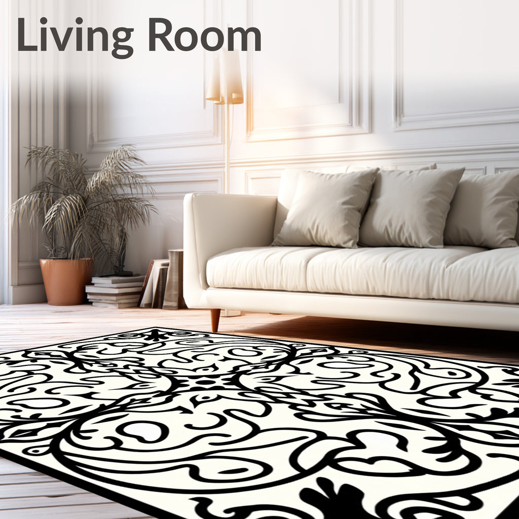 Black Ivory Ornamental Scrollwork Rug