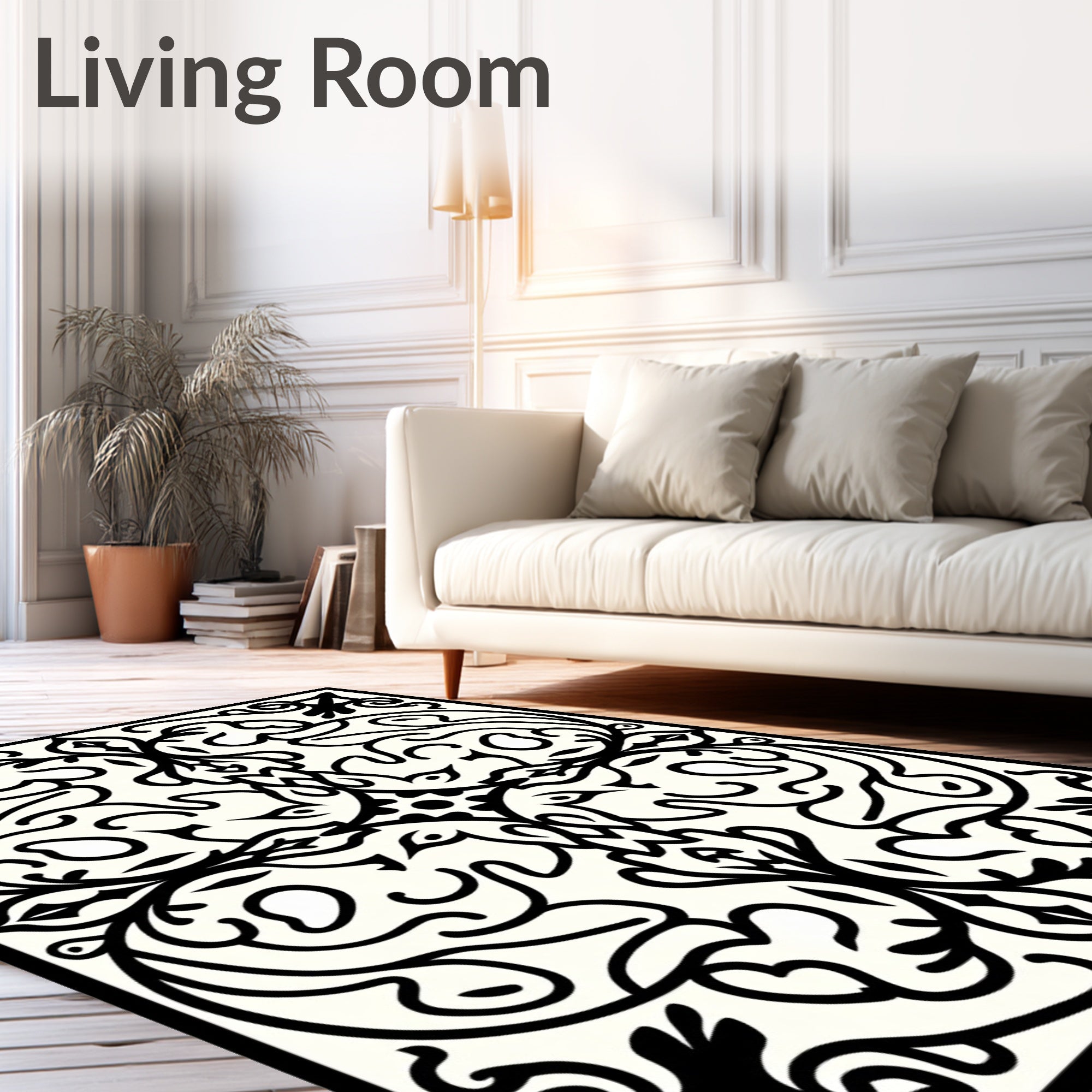 Black Ivory Ornamental Scrollwork Rug