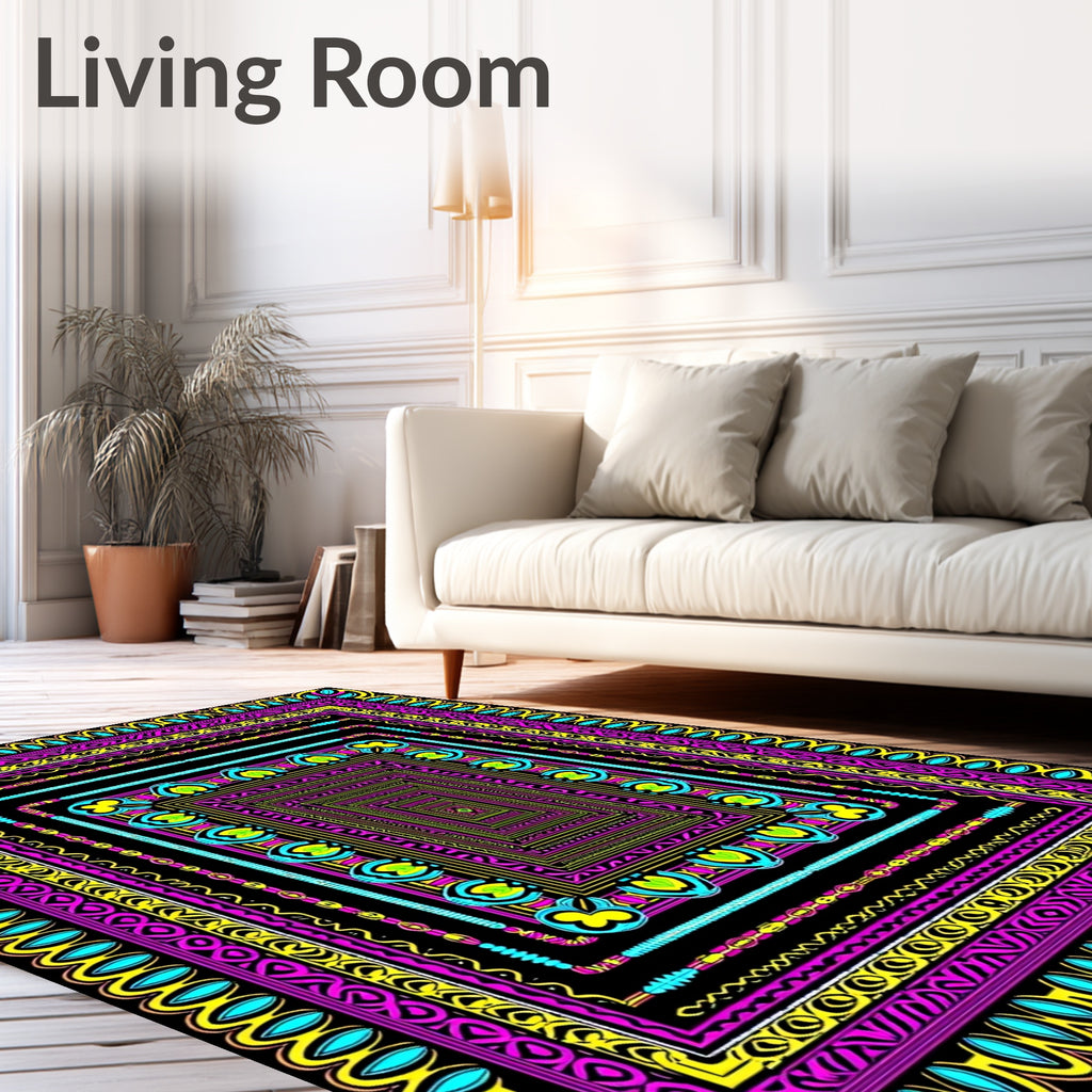 Vibrant Pink Teal Yellow Geometric Borders Rug