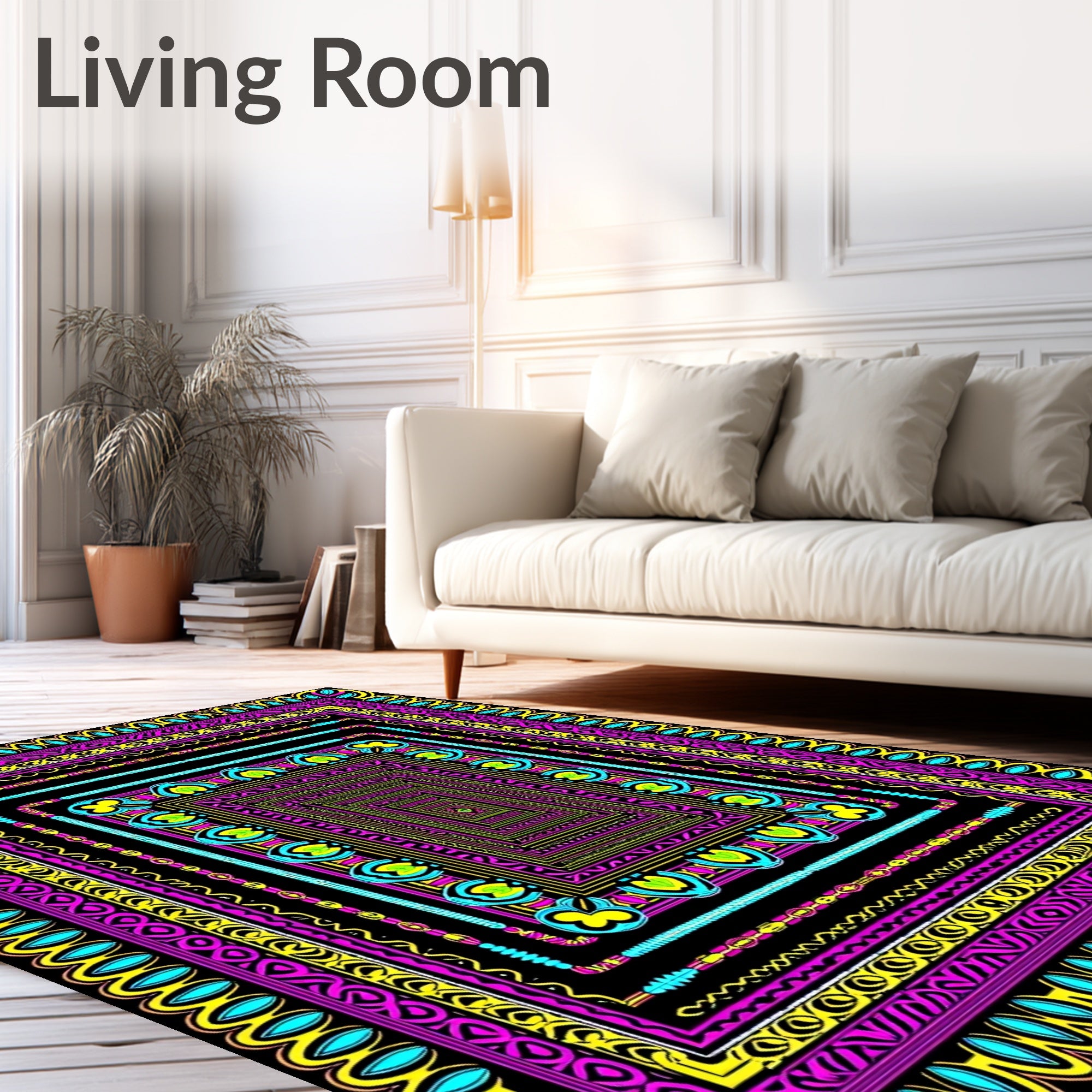 Vibrant Pink Teal Yellow Geometric Borders Rug