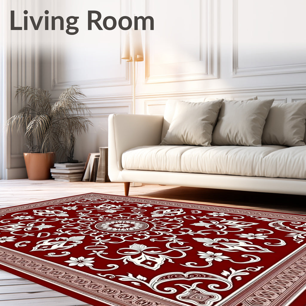 Deep Red Ornate Bloom Border Rug