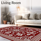 Deep Red Ornate Bloom Border Rug