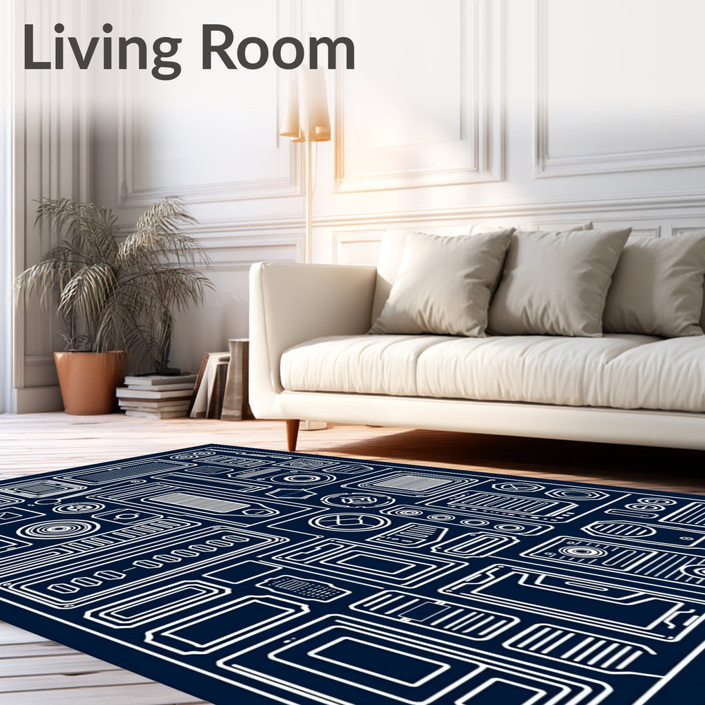 Futuristic Geometric Tech Blueprint Rug