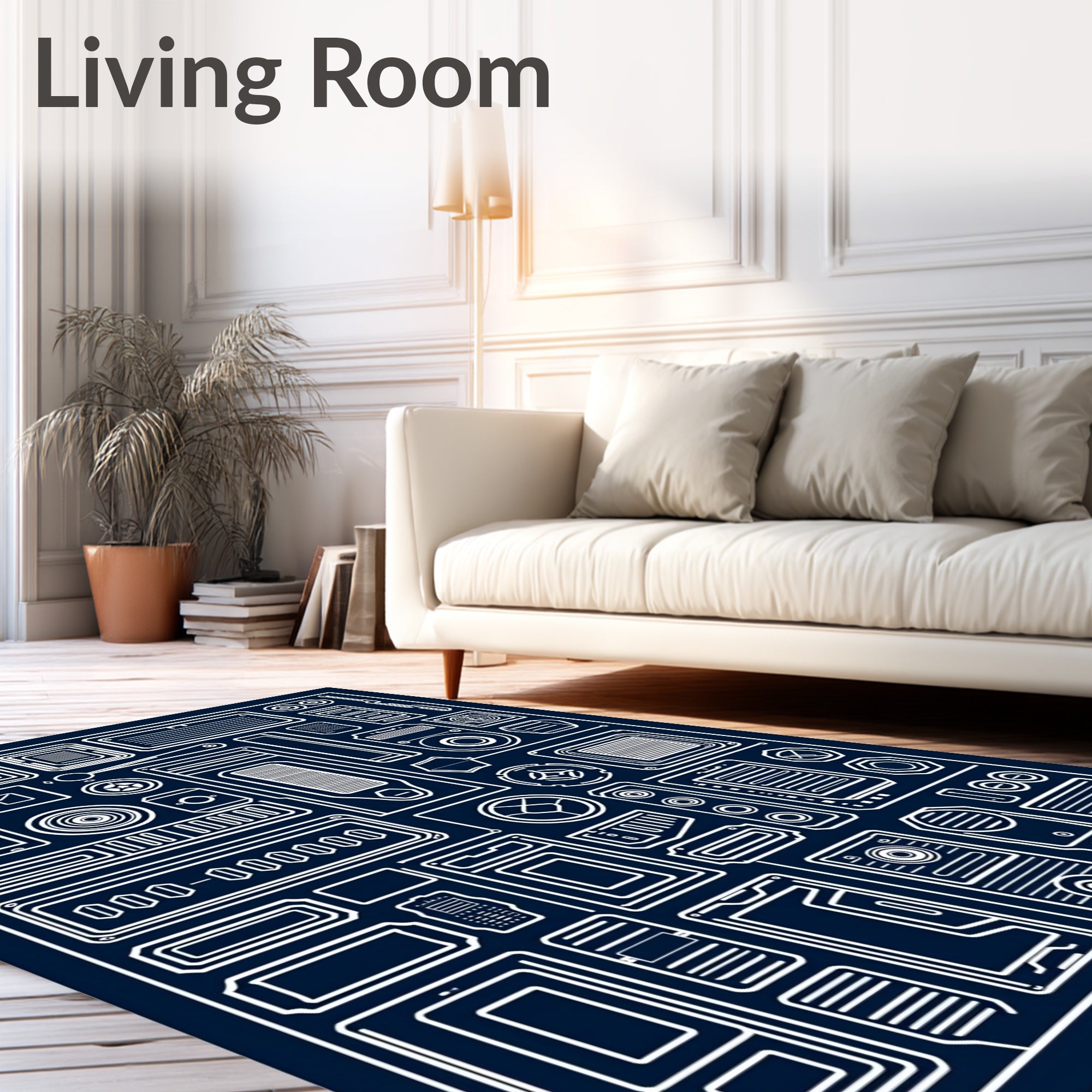 Futuristic Geometric Tech Blueprint Rug