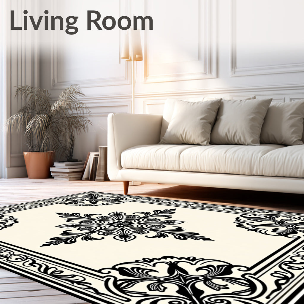 Classic Black Floral Scroll Square Rug