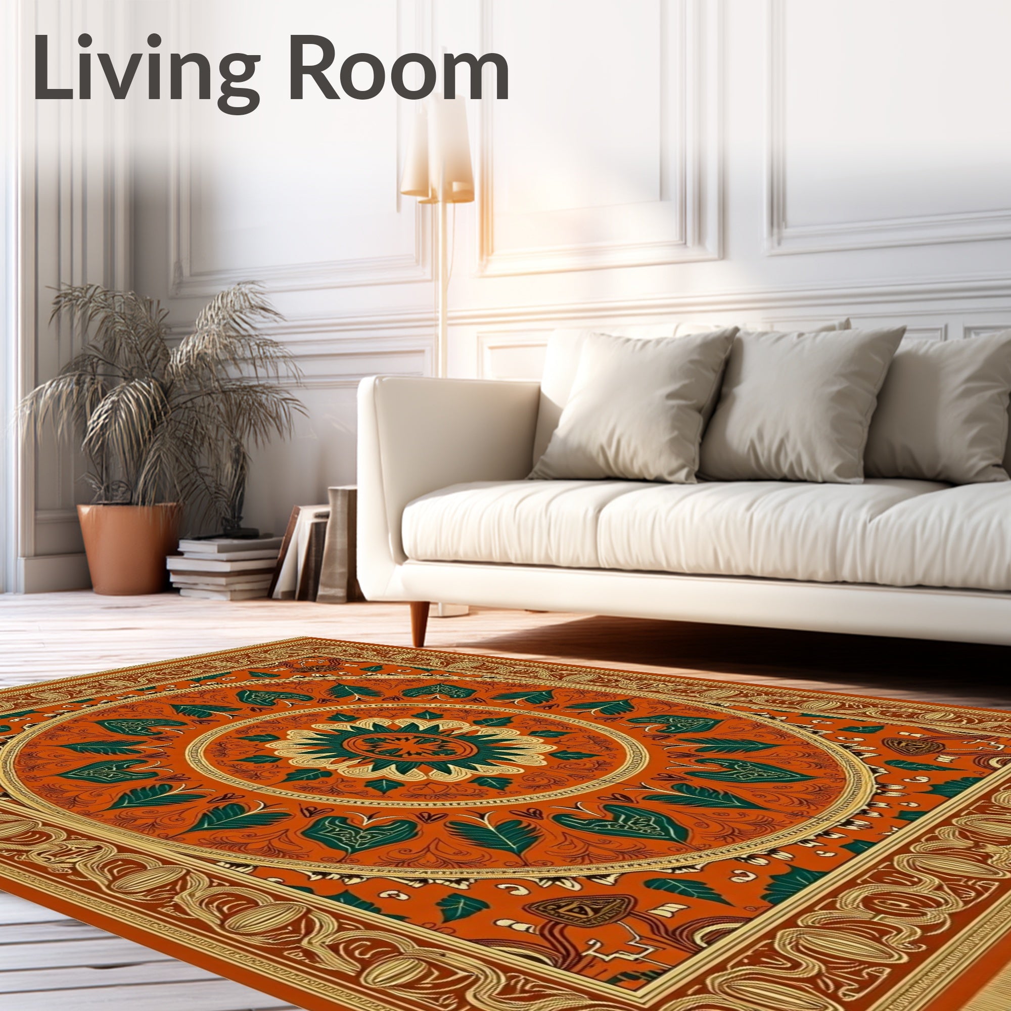 Terracotta Orange Emerald Leaf Medallion Rug