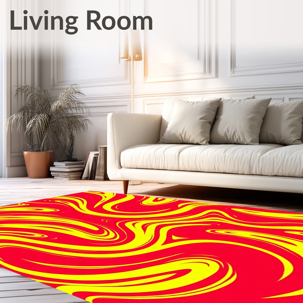 Vibrant Red Yellow Swirl Flow Rug