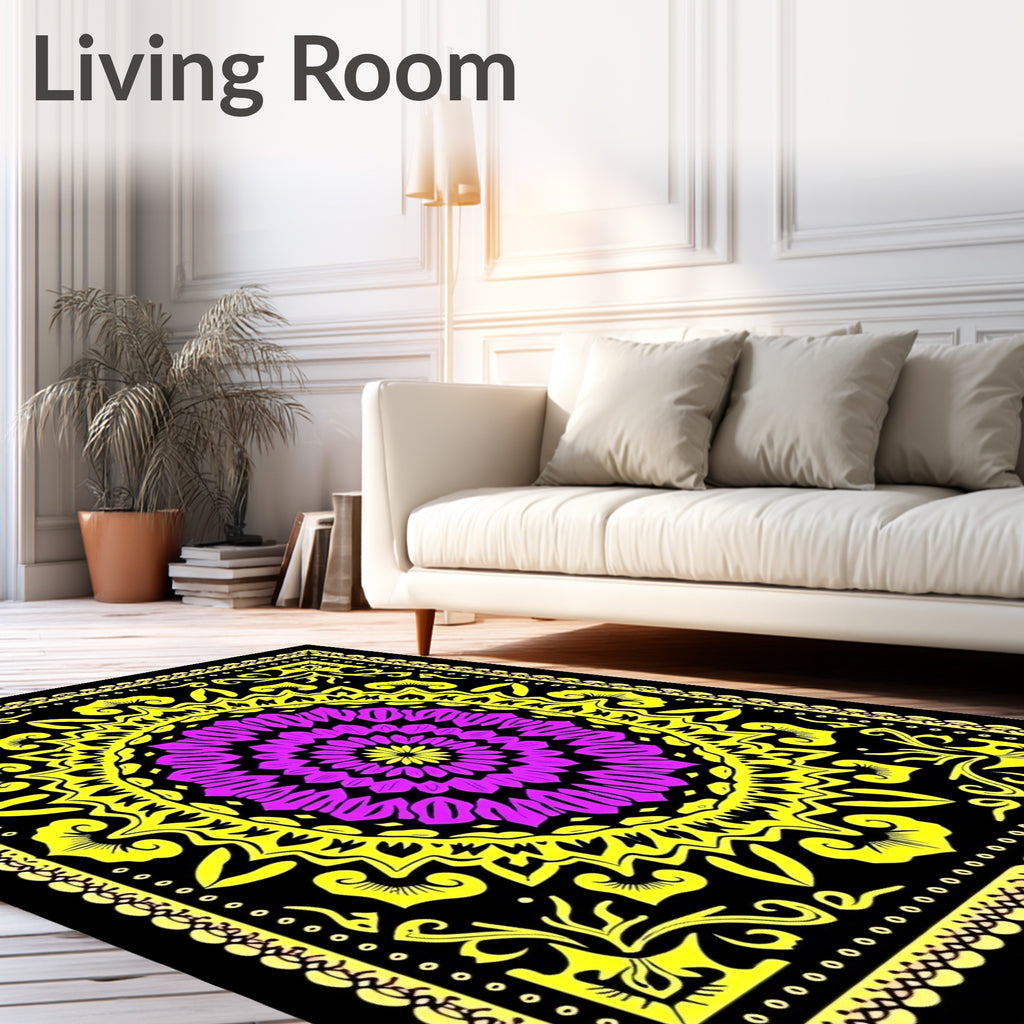 Vibrant Purple Floral Yellow Border Rug