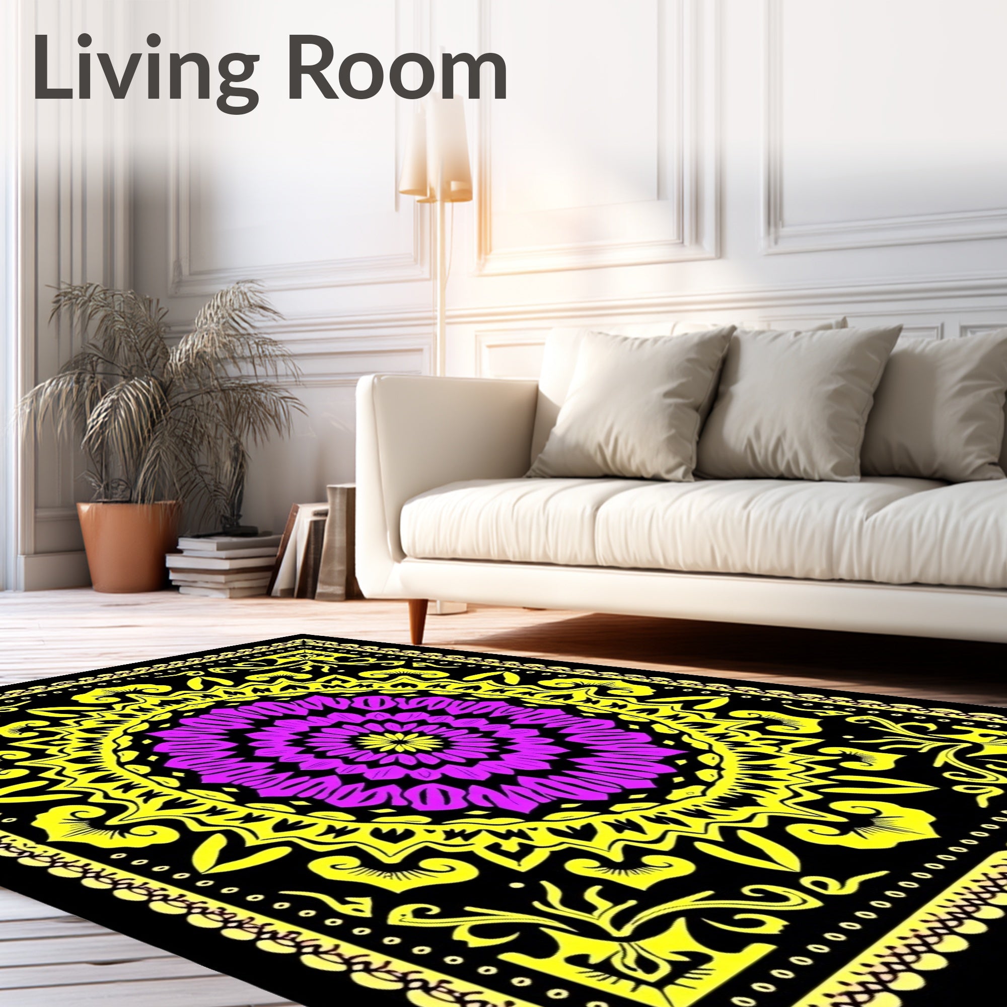 Vibrant Purple Floral Yellow Border Rug