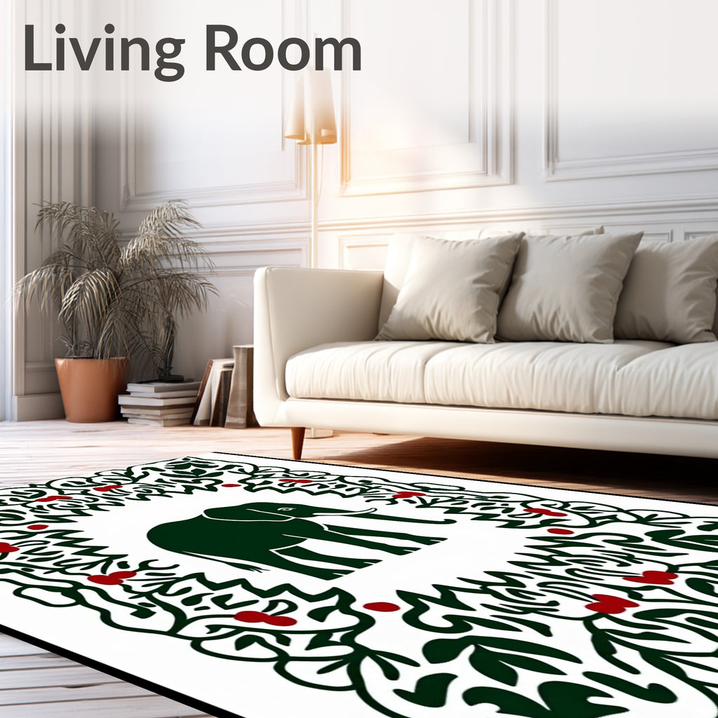 Dark Green Elephant With Red Berry Border Rug