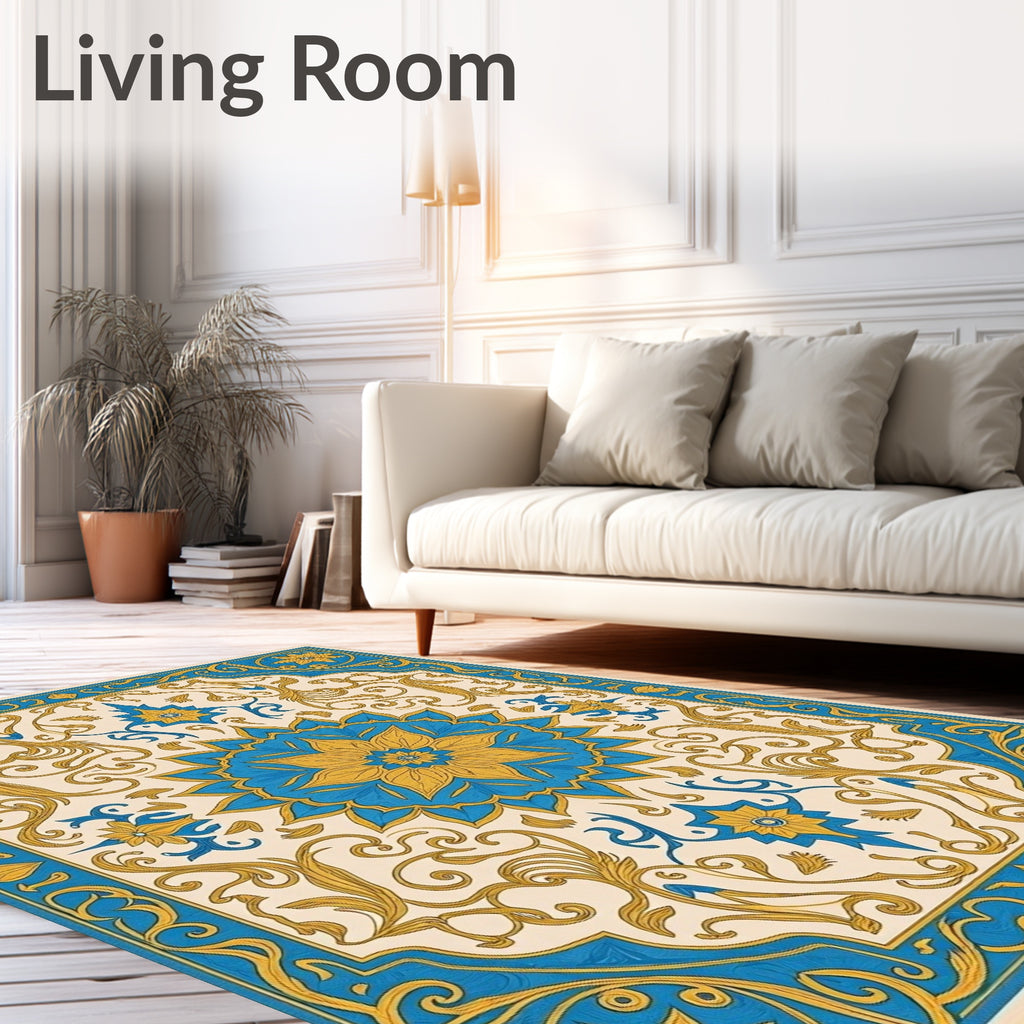 Blue Gold Floral Medallion Square Rug