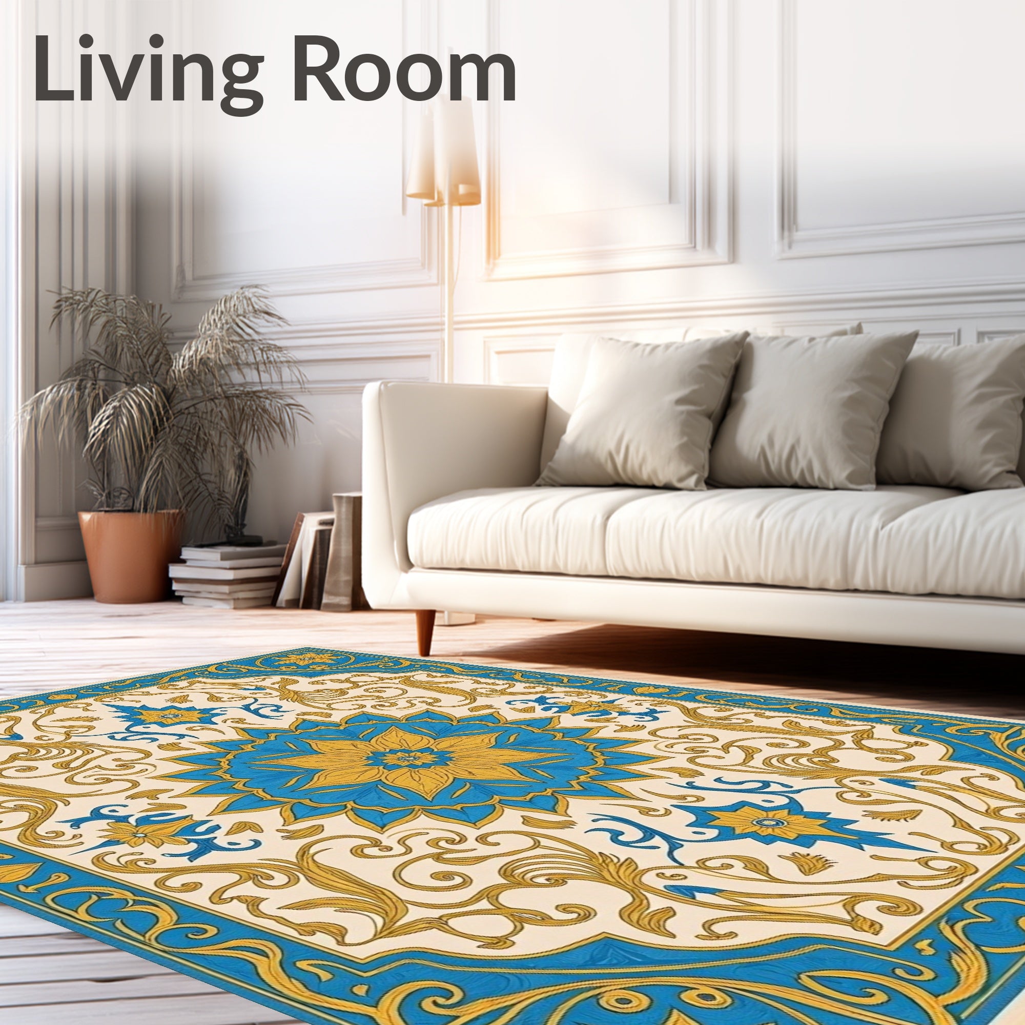 Blue Gold Floral Medallion Square Rug