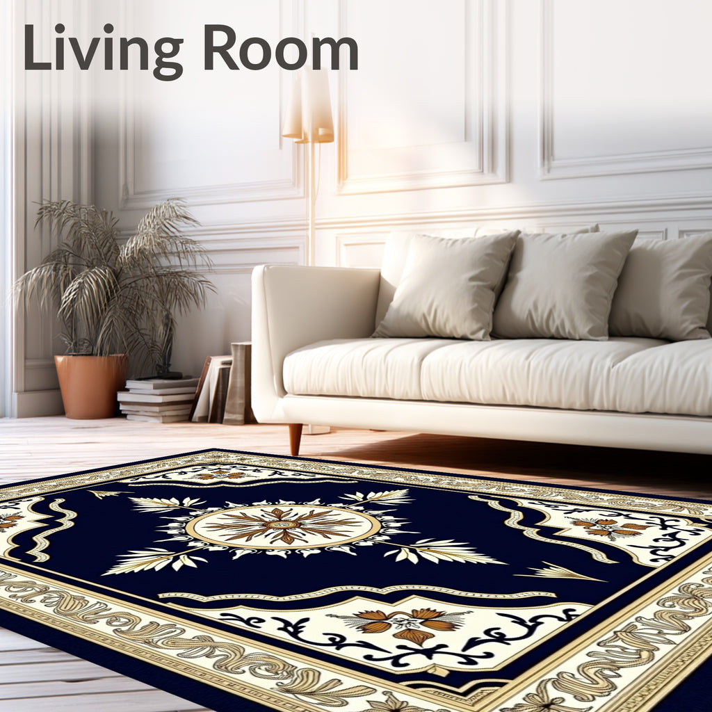 Deep Navy Floral Medallion Border Rug
