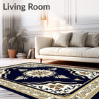 Deep Navy Floral Medallion Border Rug