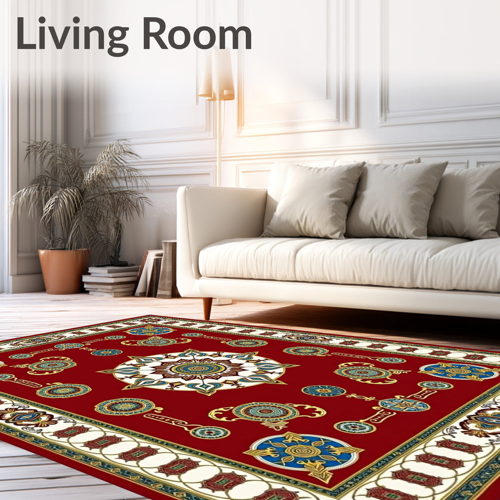Crimson Red Ornate Medallion Border Rug