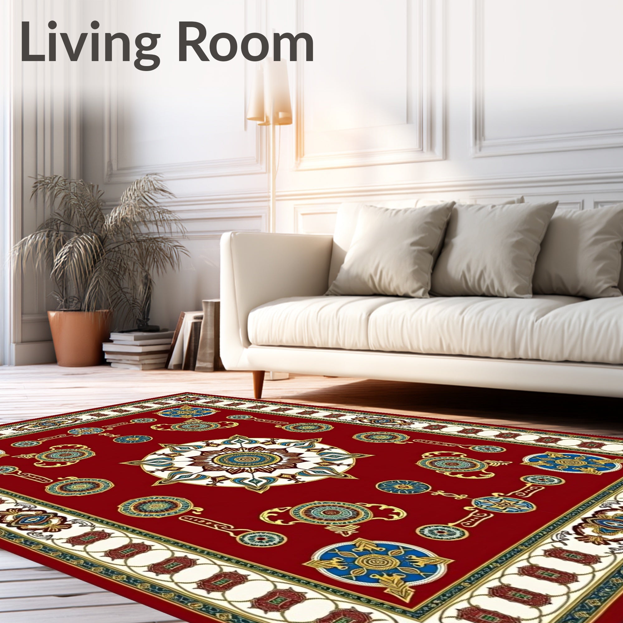 Crimson Red Ornate Medallion Border Rug