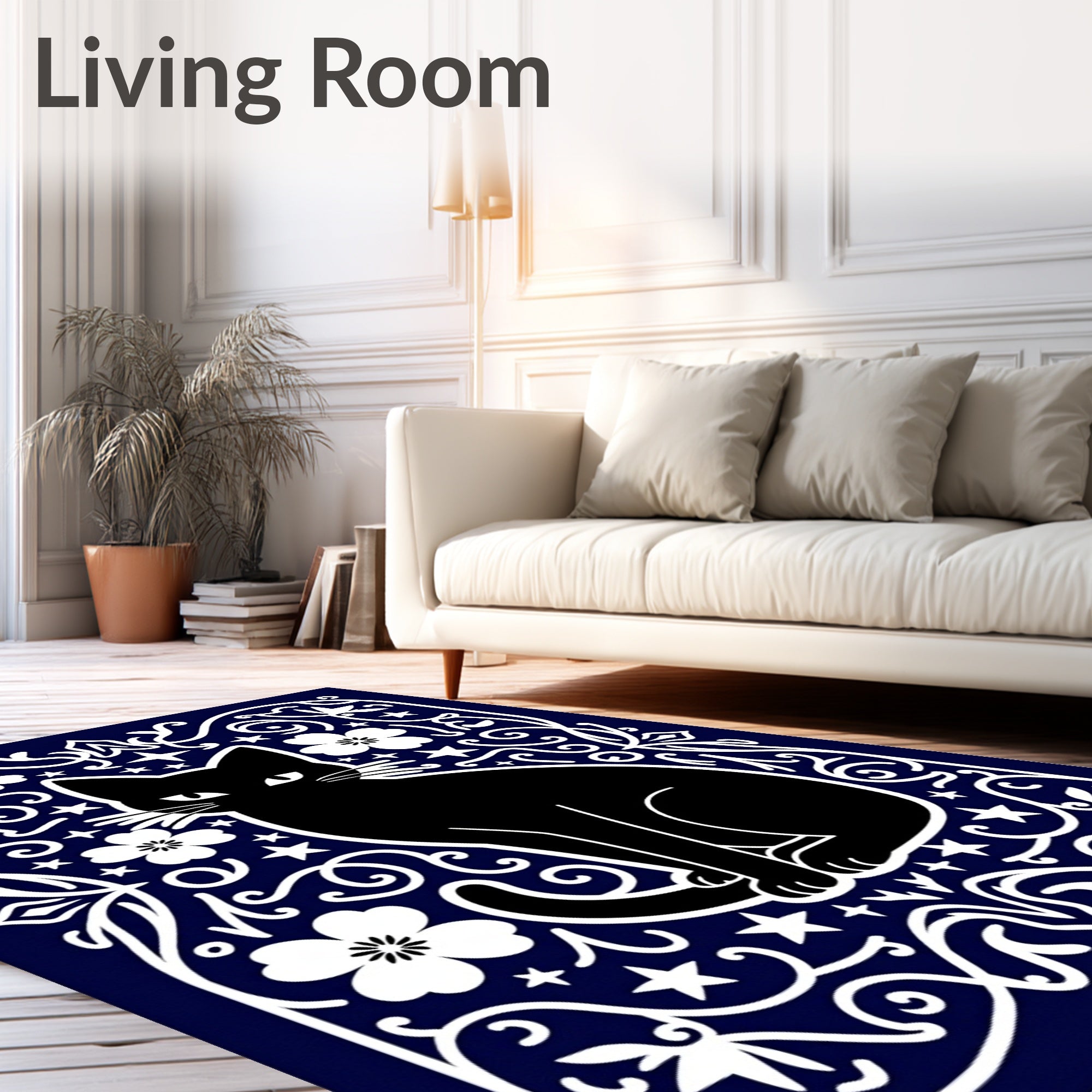 Mystical Black Cat Floral Whimsical Night Rug