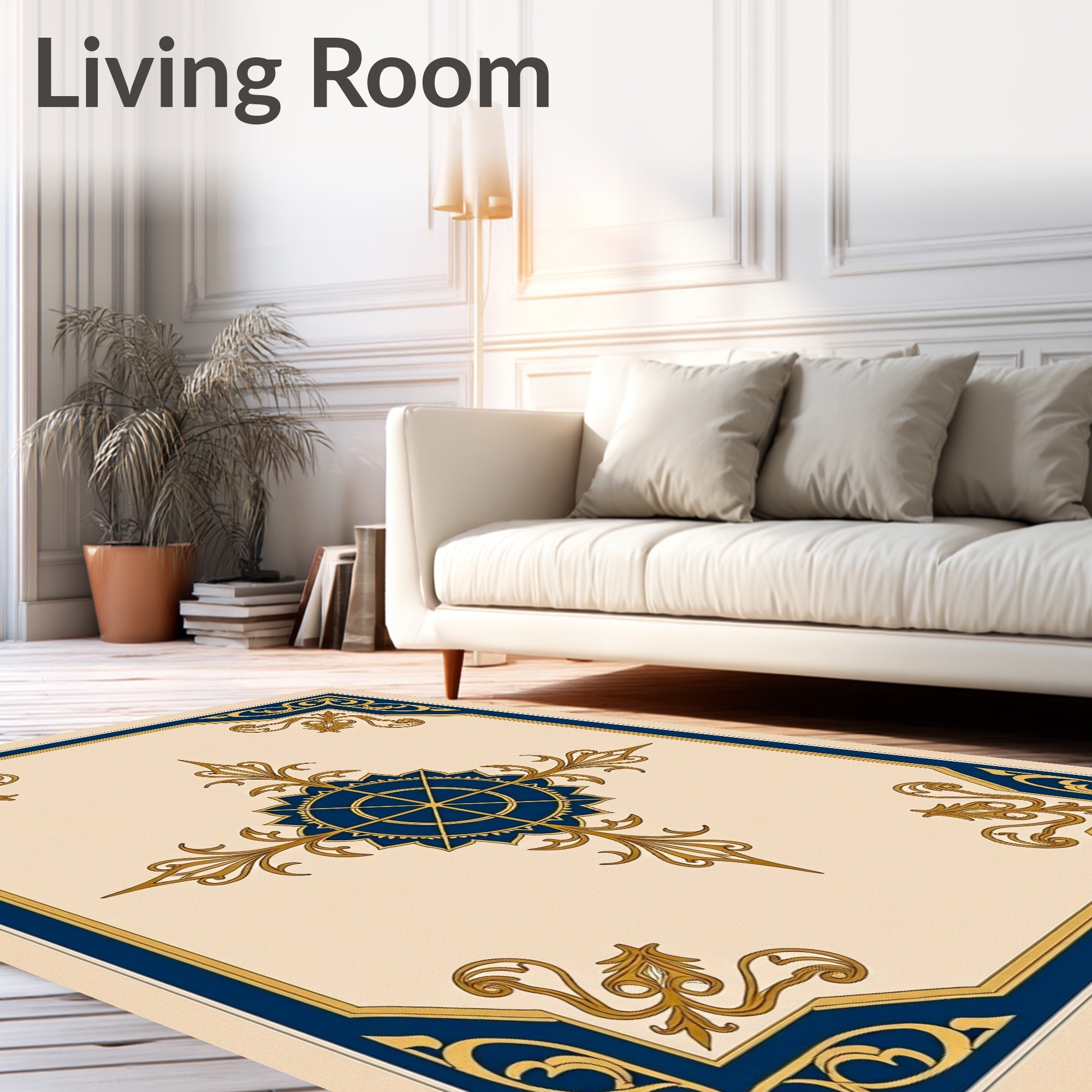 Navy Gold Crested Compass Floral Rug