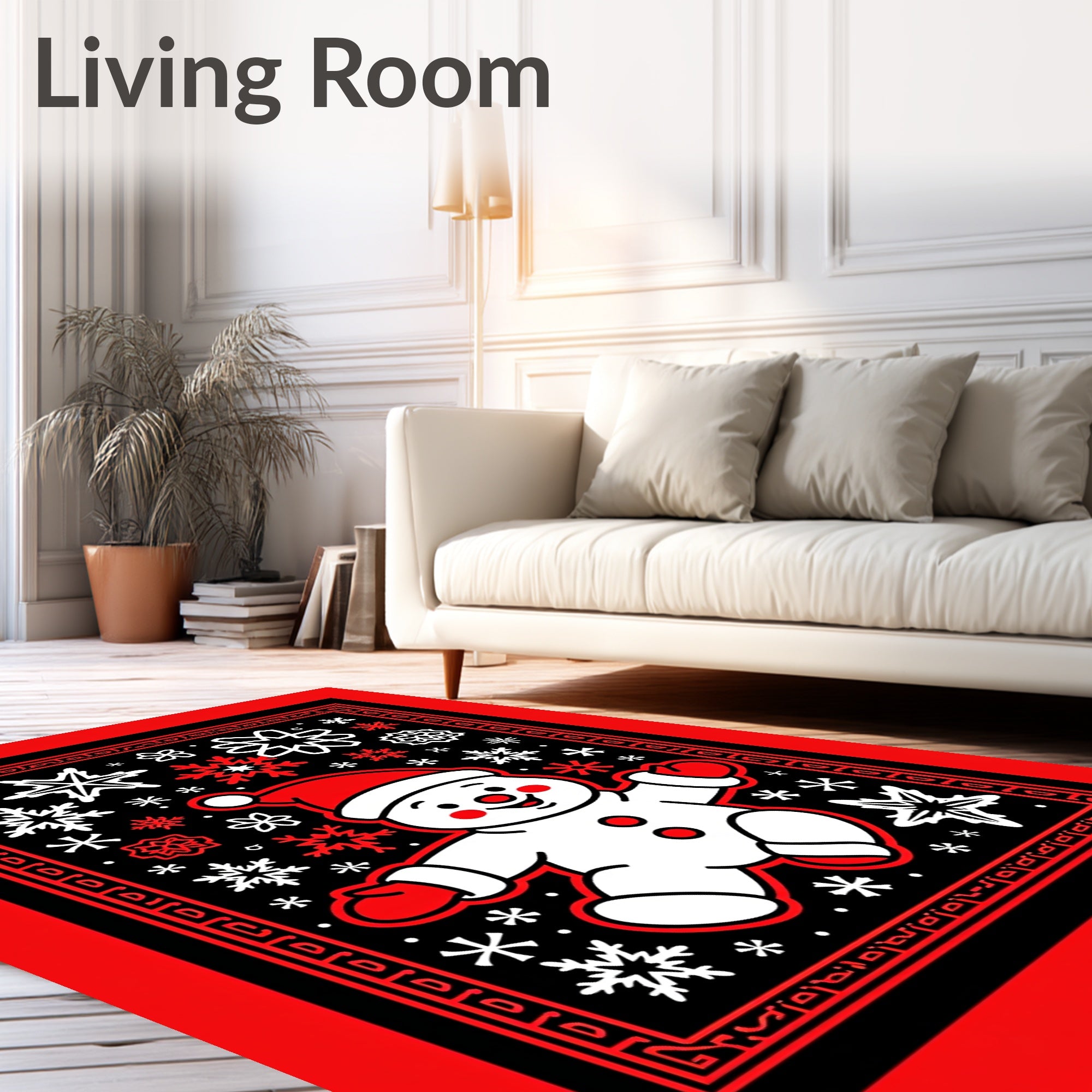 Joyful White Snowman Red Snowflakes Rug