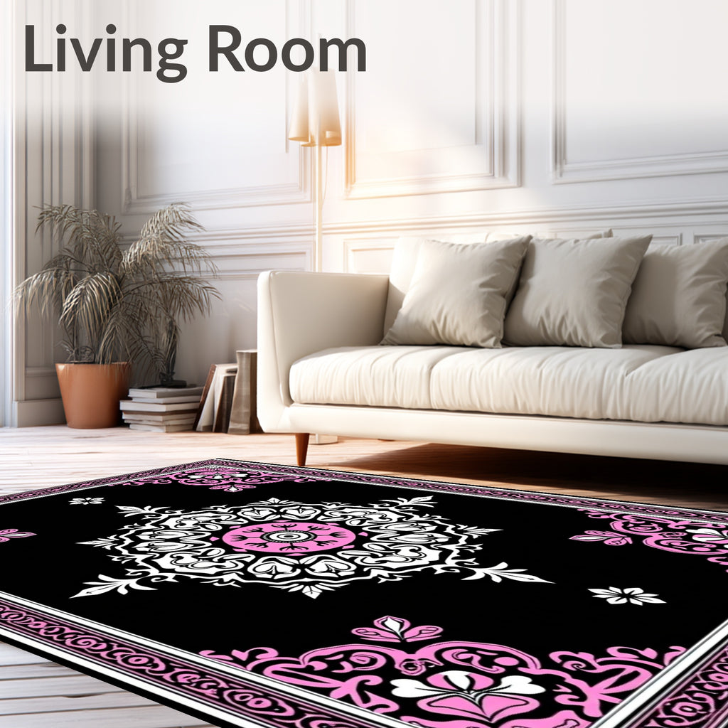 Black Pink Floral Medallion Border Rug