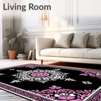 Black Pink Floral Medallion Border Rug