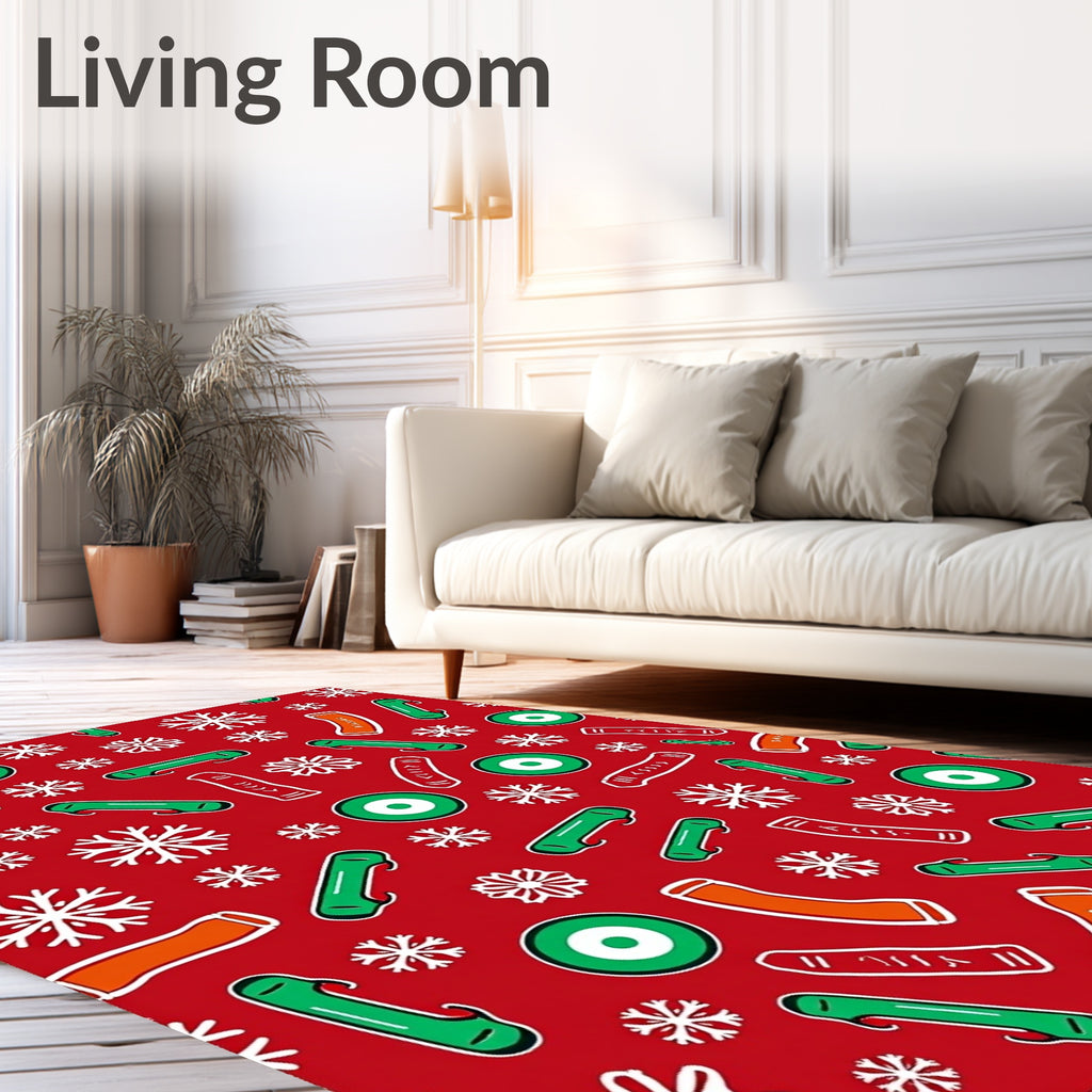 Red Winter Snowflakes Green Orange Shapes Rug
