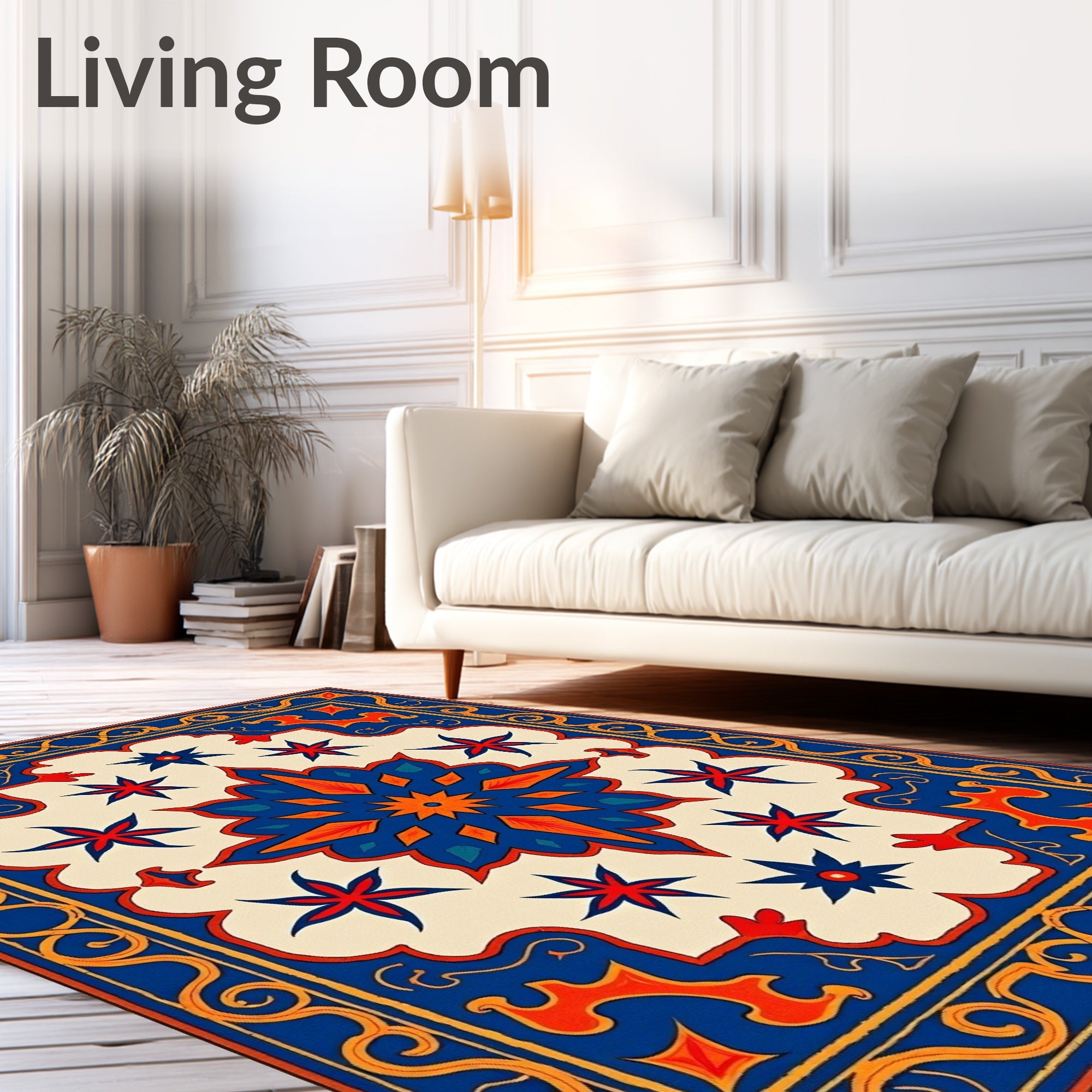 Orange Blue Starburst Medallion Border Layout Rug