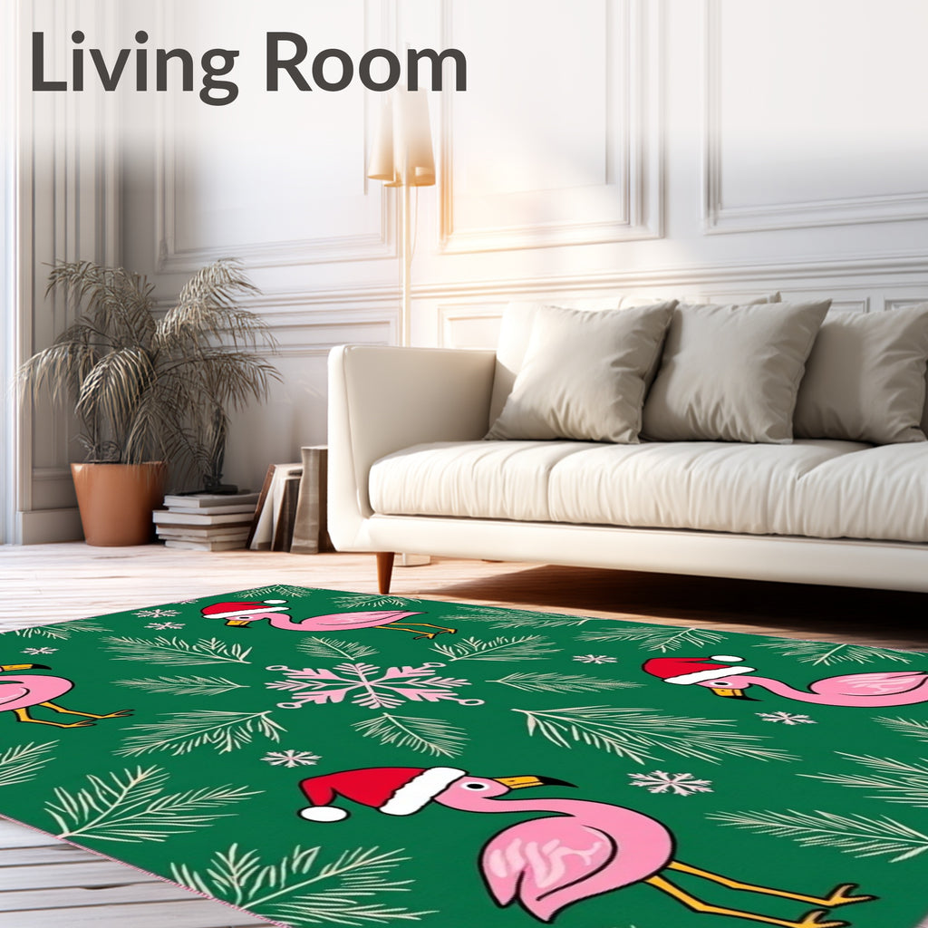 Festive Pink Flamingos Green Snowflake Christmas Rug