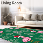 Festive Pink Flamingos Green Snowflake Christmas Rug
