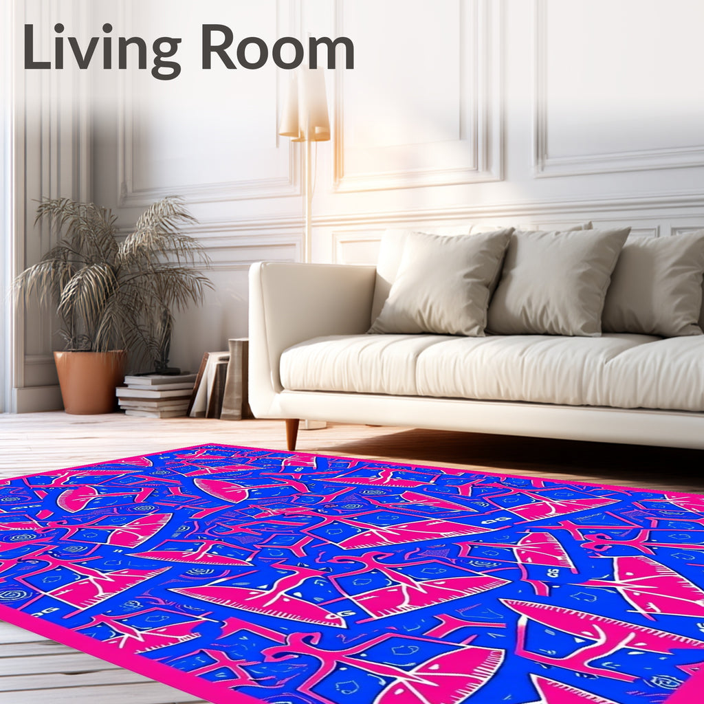 Bold Pink Abstract Figures Blue Rug