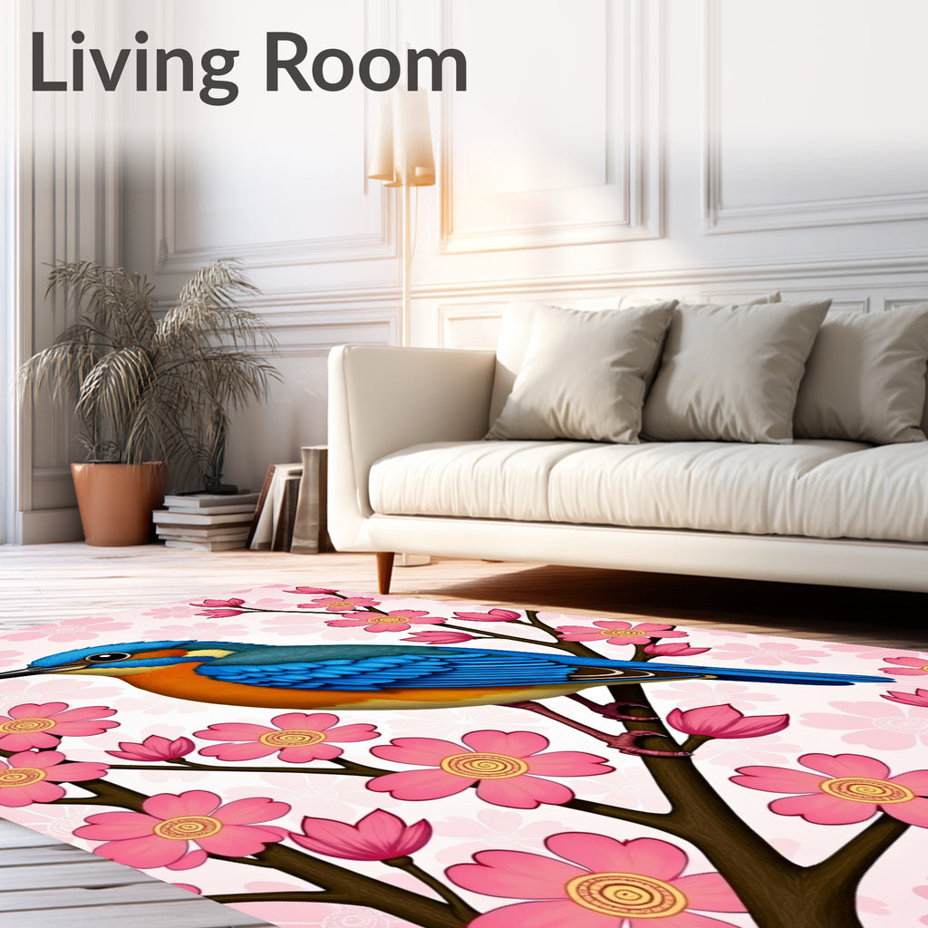 Vibrant Blue Bird Cherry Blossom Rug