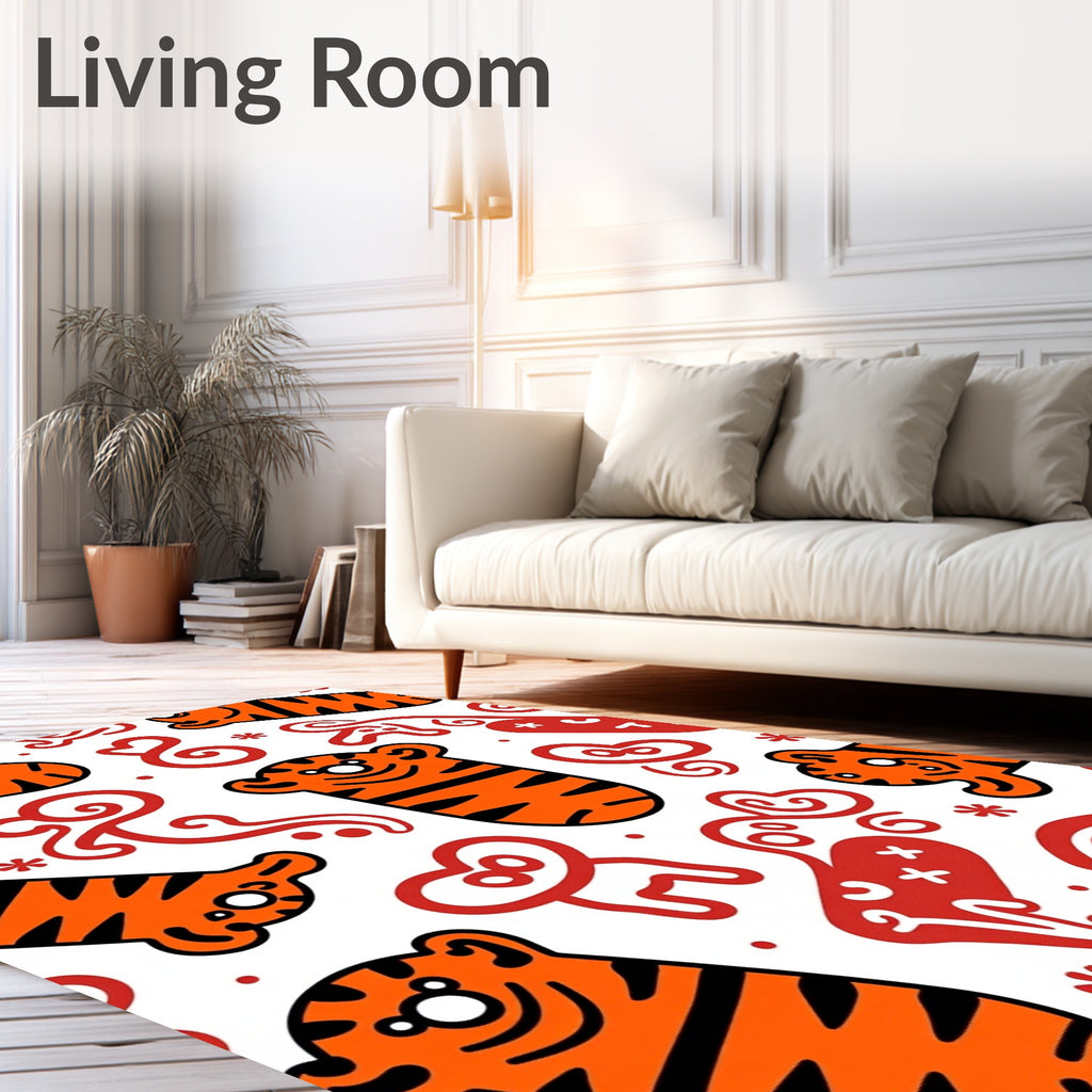 Playful Orange Tiger Stripes Whimsical Icons Rug