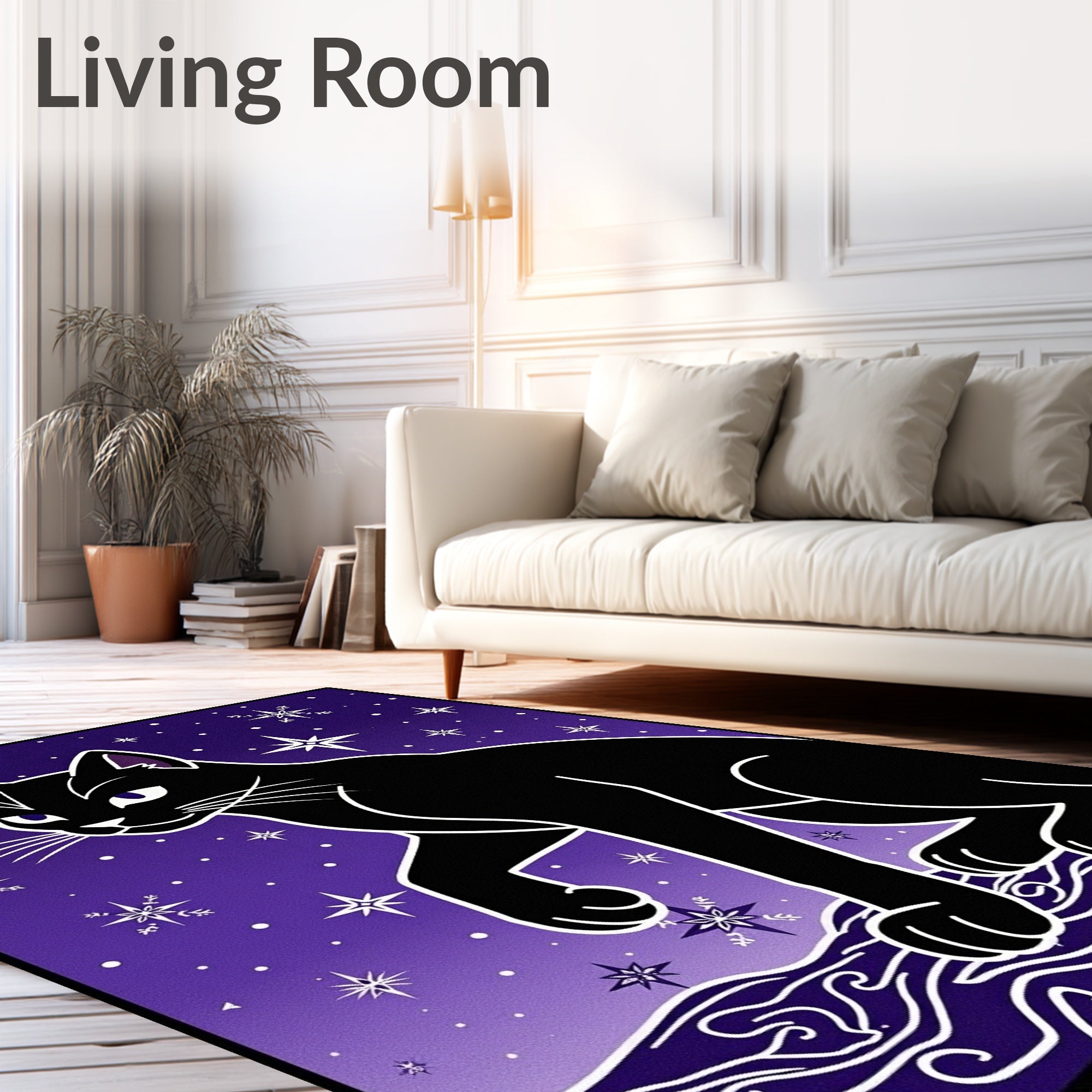 Black Cat Among Stars and Snowflakes Rug