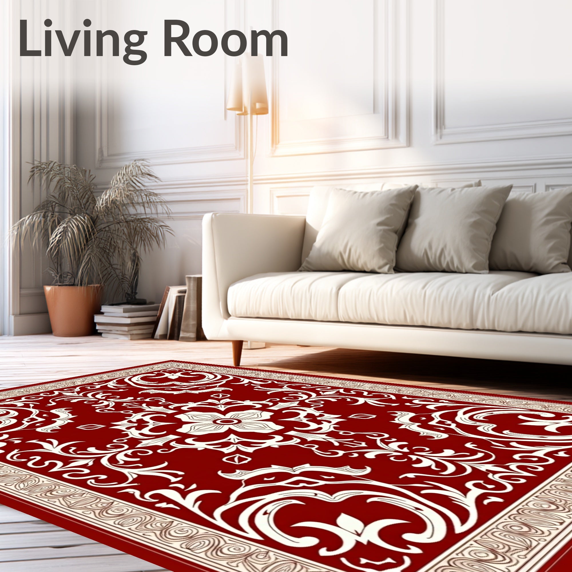 Rich Red White Floral Damask Rug
