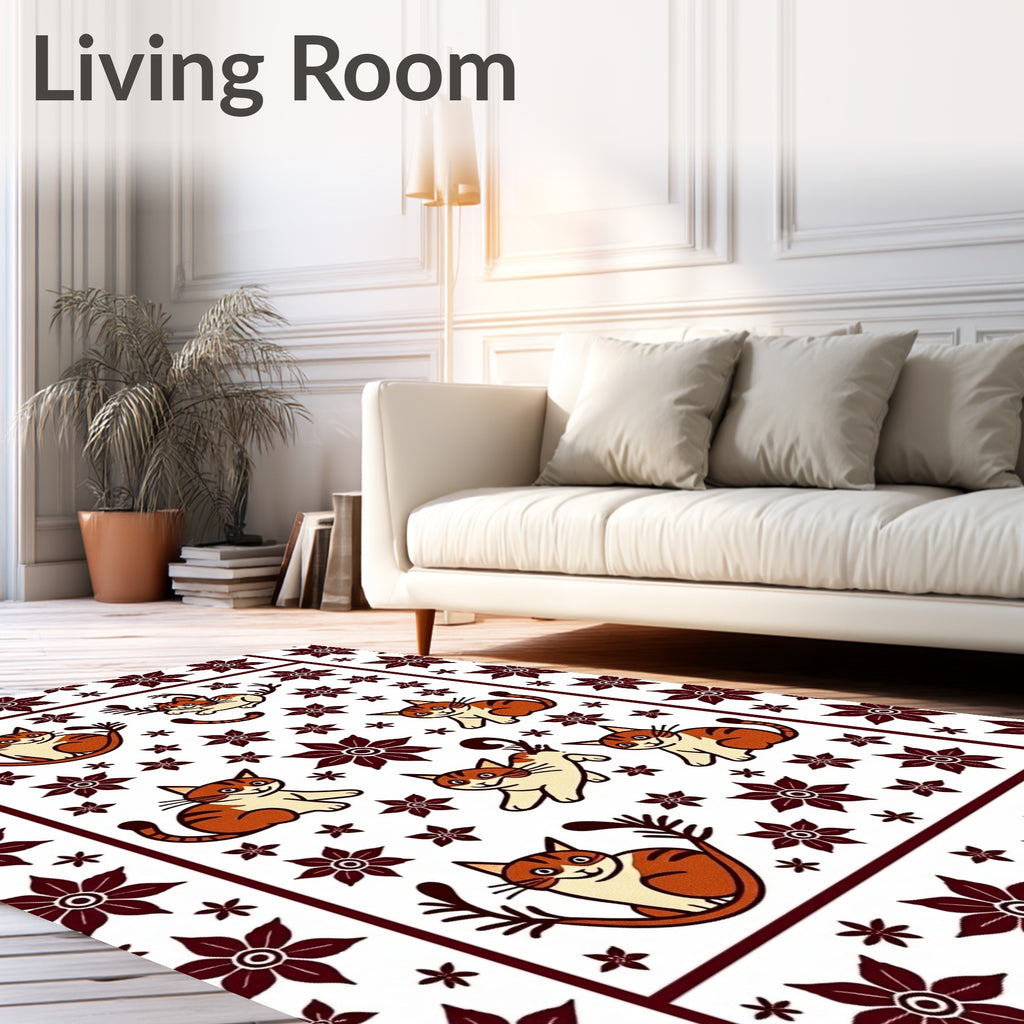 Playful Orange Tabby Cats Floral Rug