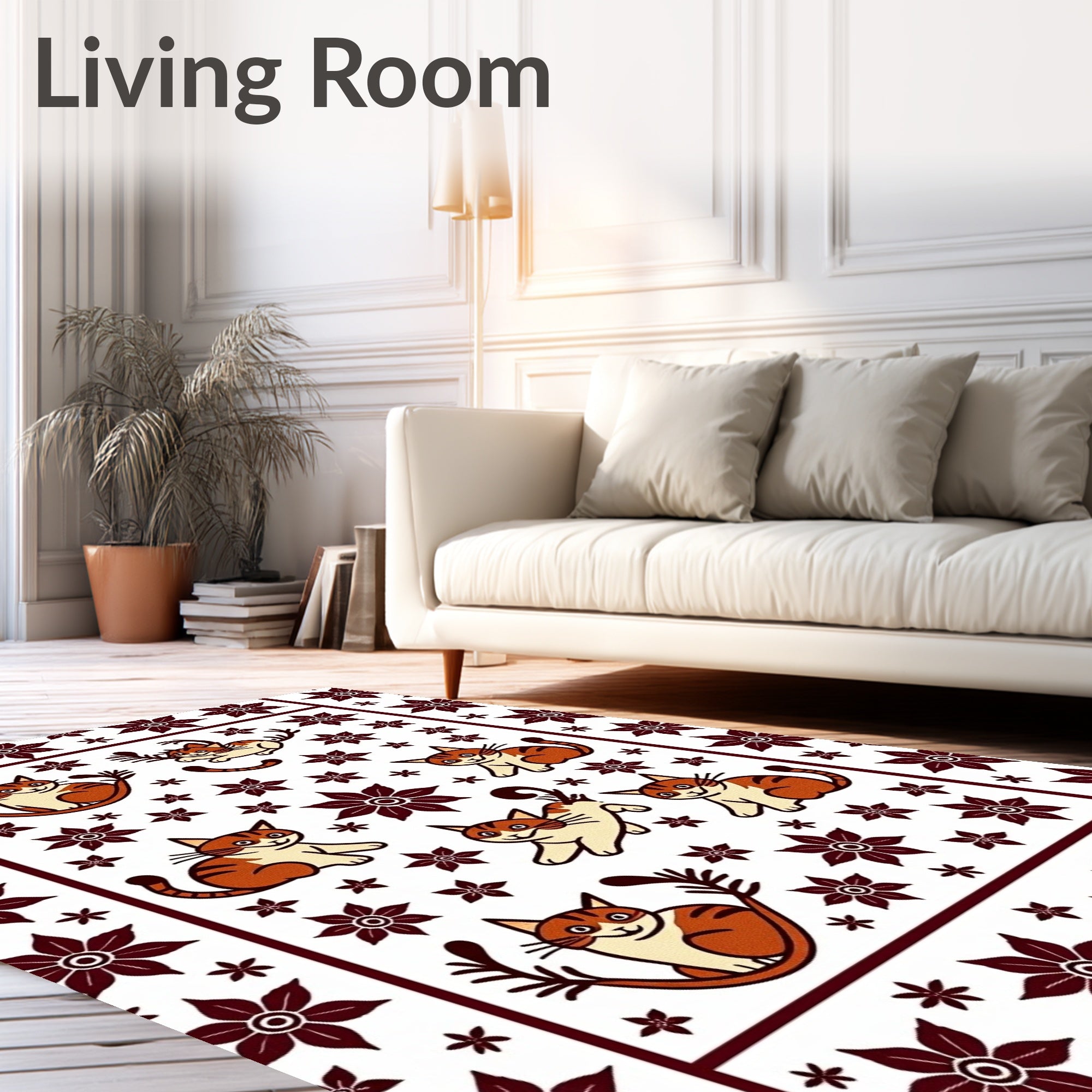 Playful Orange Tabby Cats Floral Rug