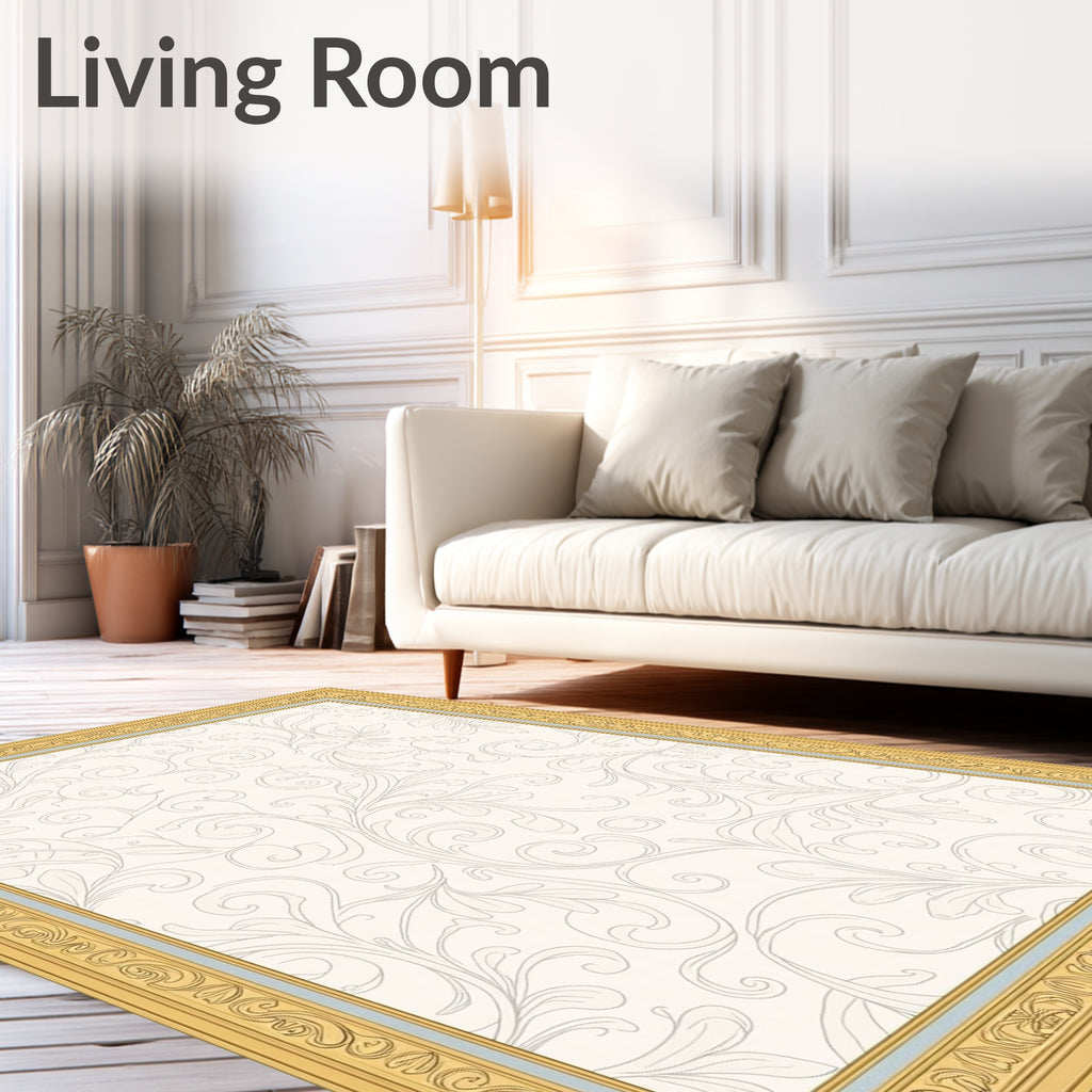 Cream Floral Scroll Ornamented Frame Rug