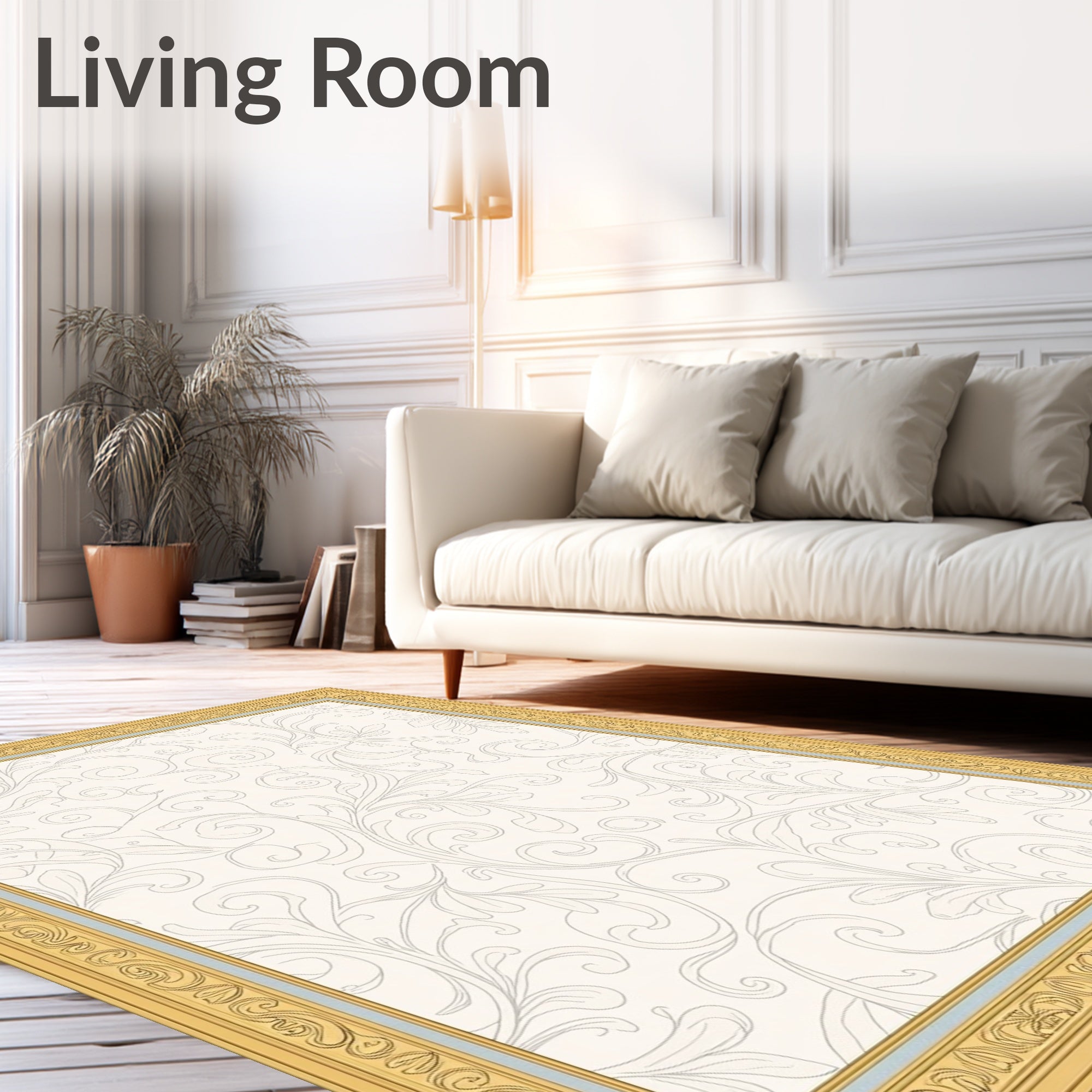 Cream Floral Scroll Ornamented Frame Rug