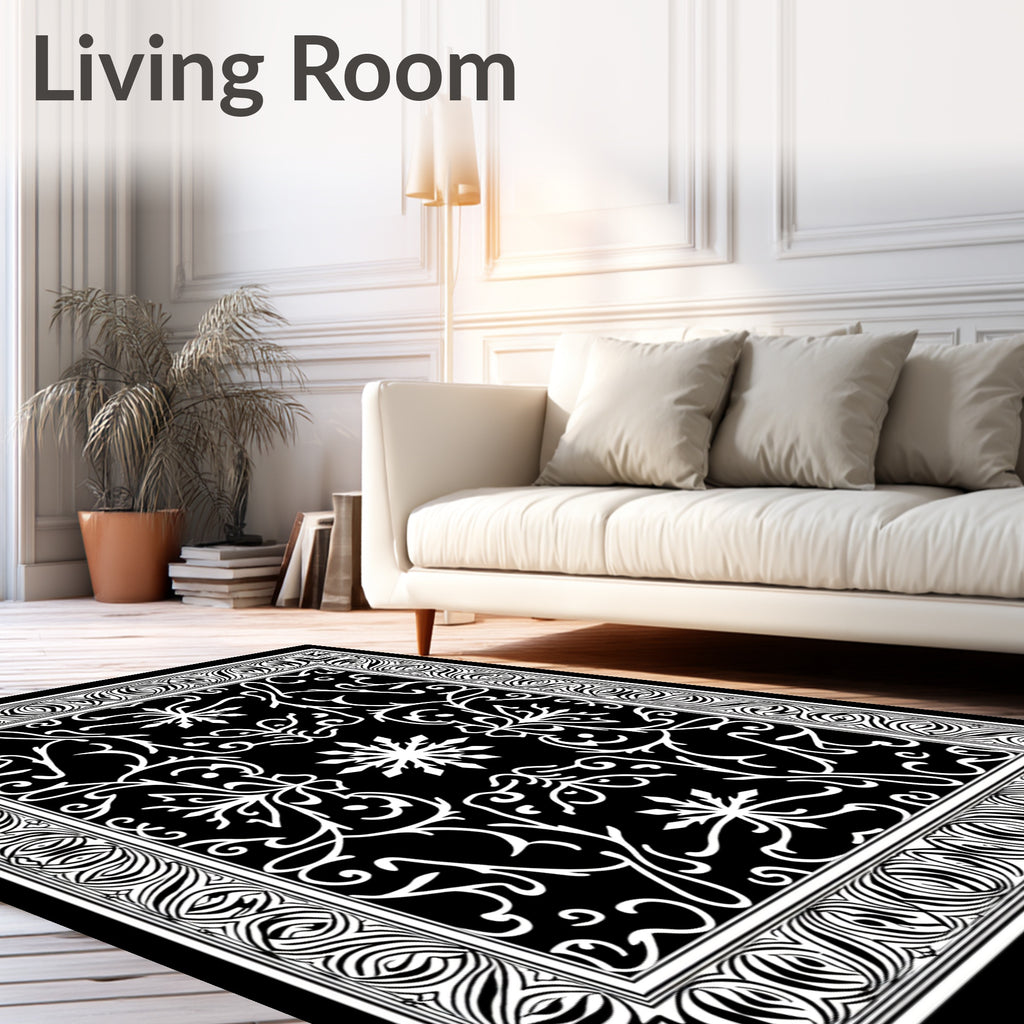 Black White Intricate Scroll Work Rug
